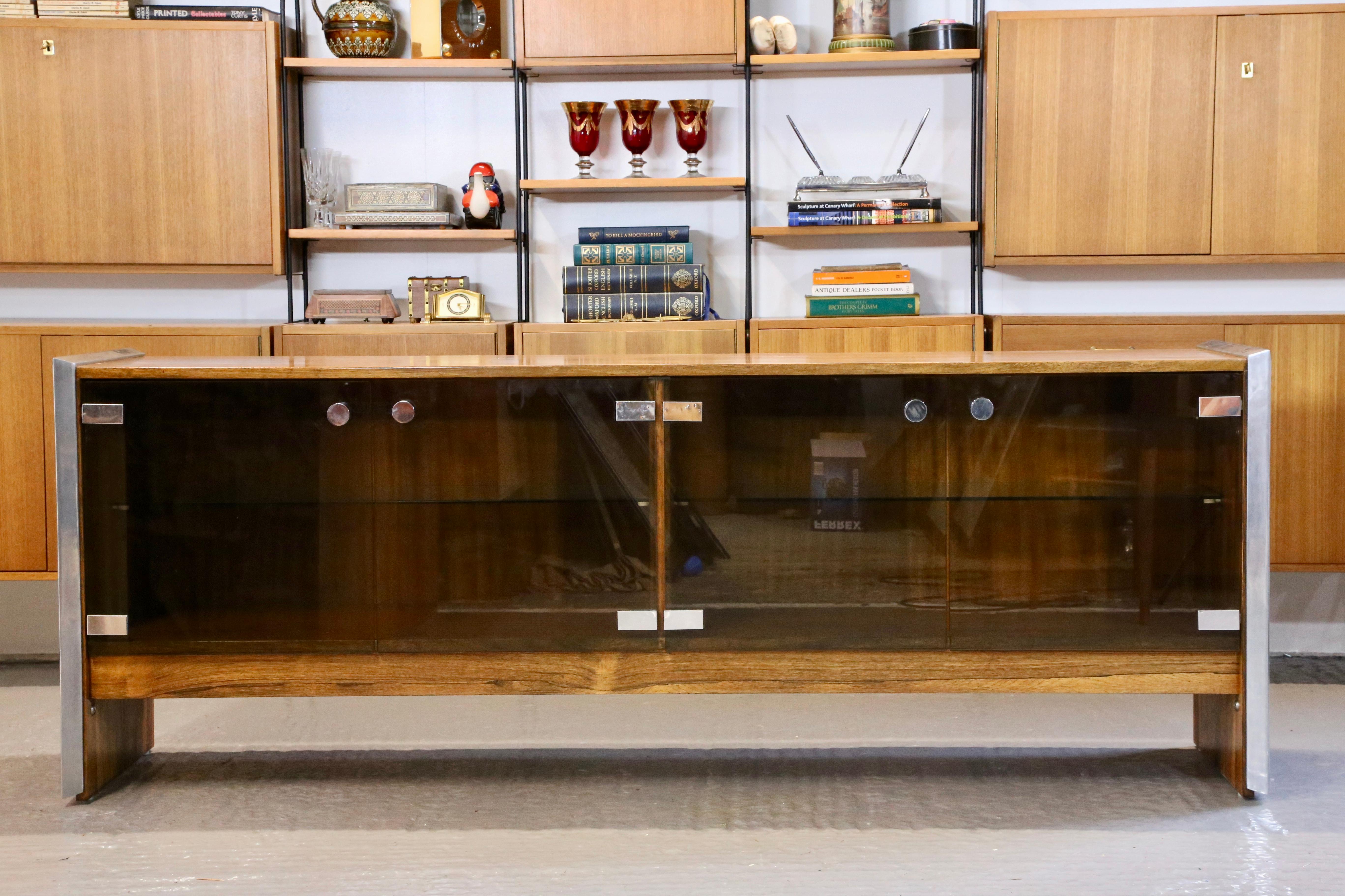 Merrow Associates - Richard Young, Fine Rosewood Chrome & Smoked Glass Sideboard For Sale 9