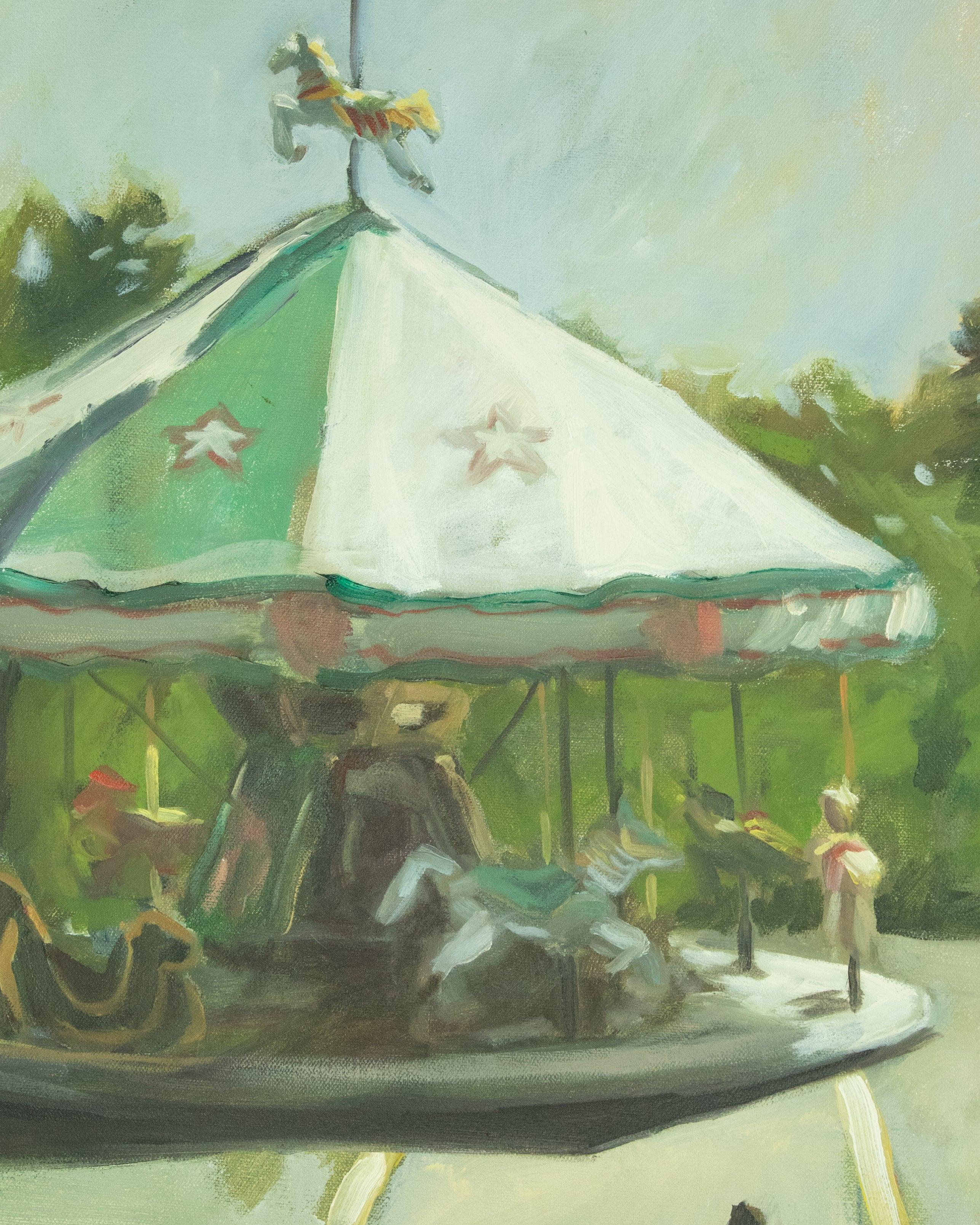 Painting by Georgia Nagle, who is a resident of Marietta, GA. The painting depicts a Merry Go Round at a Carnival. Done in light pastel colors and deep greens.