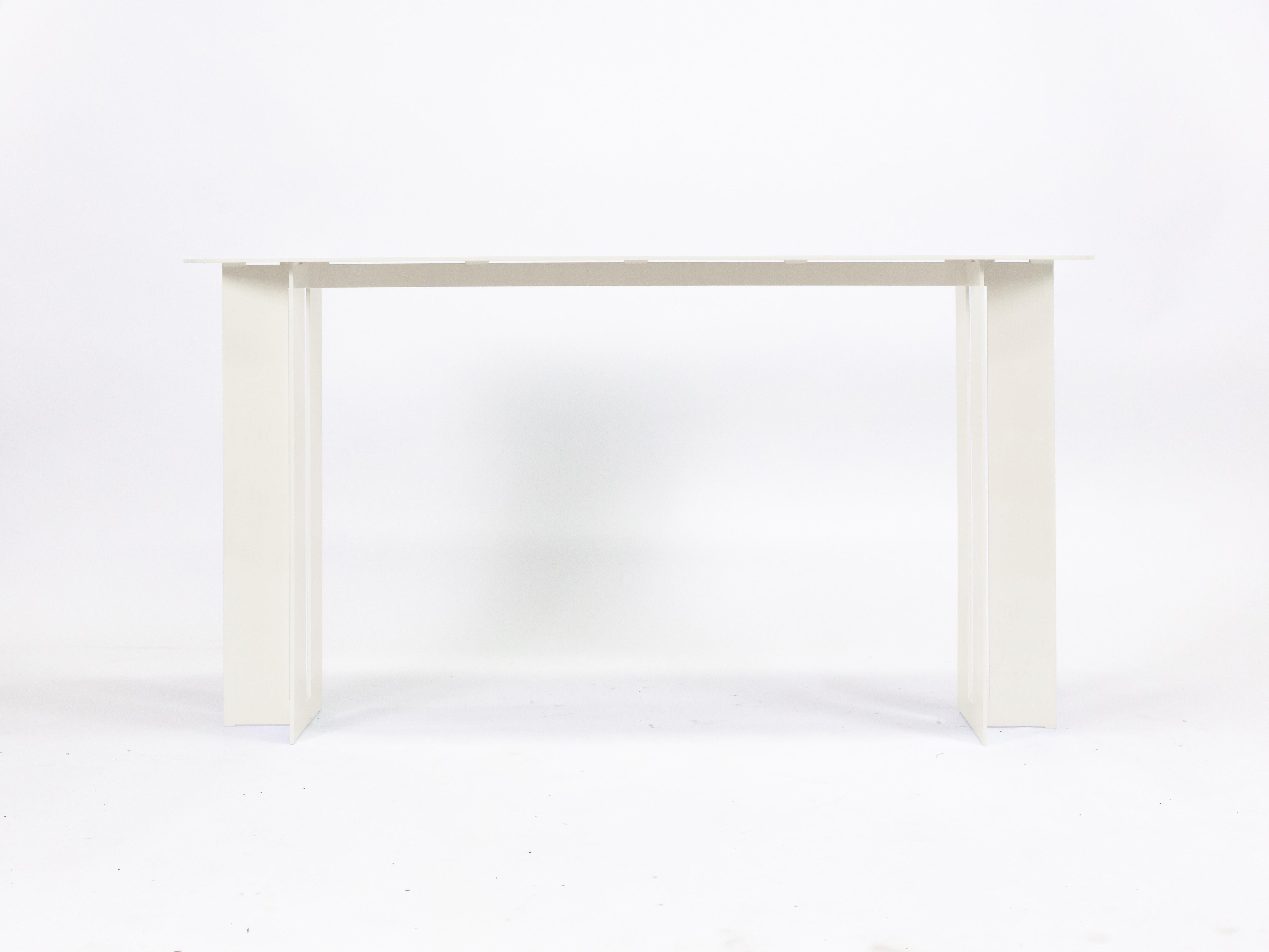 The Mers console table is fabricated from solid aluminum and is suitable for use indoors and out. Form is inspired by the simple utilitarianism of West Coast aluminum fishing boats.

Shown in aluminum with cream painted finish.
Custom sizing and
