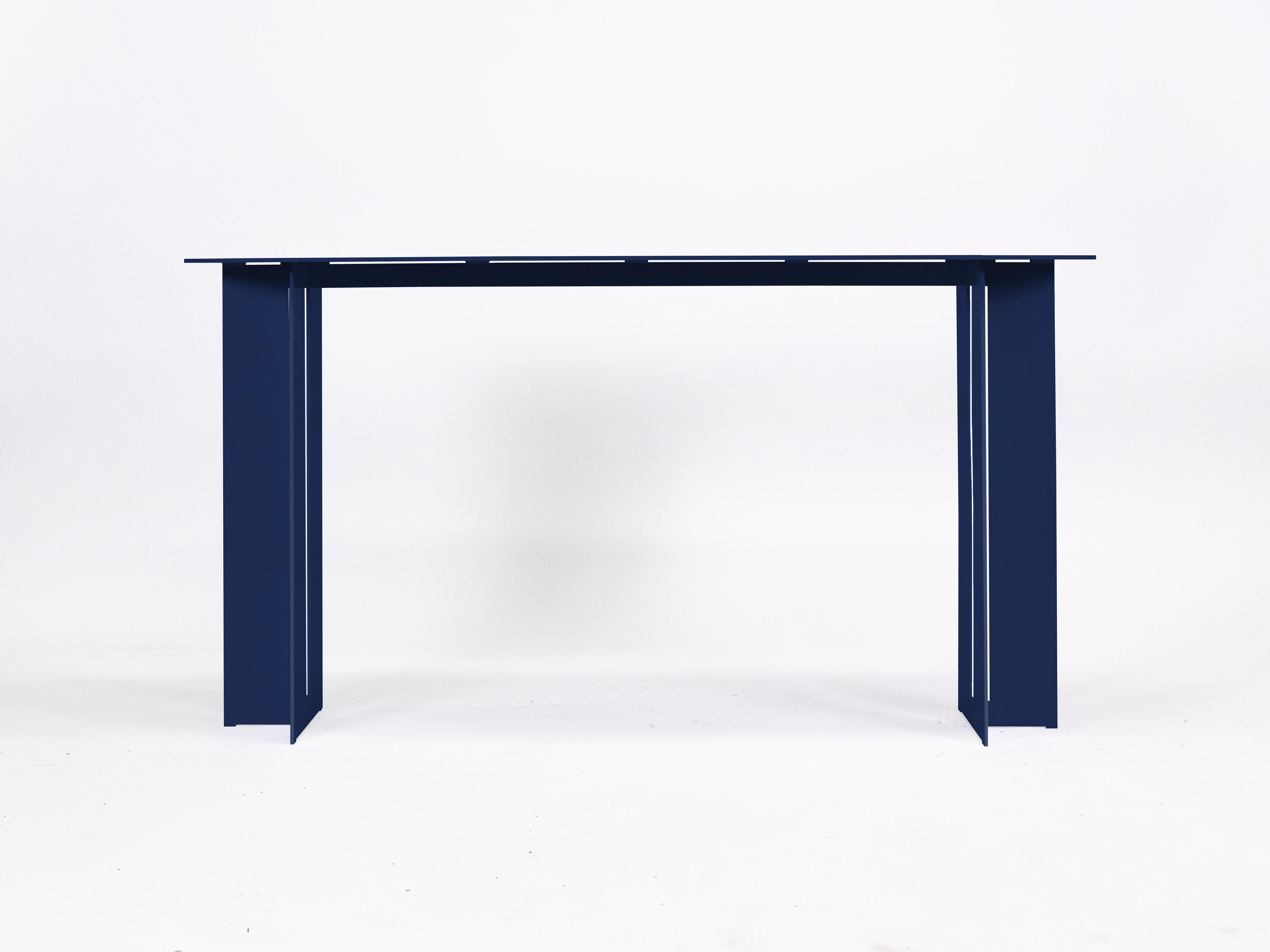 The Mers console table is fabricated from solid aluminum with powdercoat finish. It is suitable for use indoors and out. 

Shown in aluminum with pacific blue painted finish.
Custom sizing and colors available.

Overall dimensions: 60