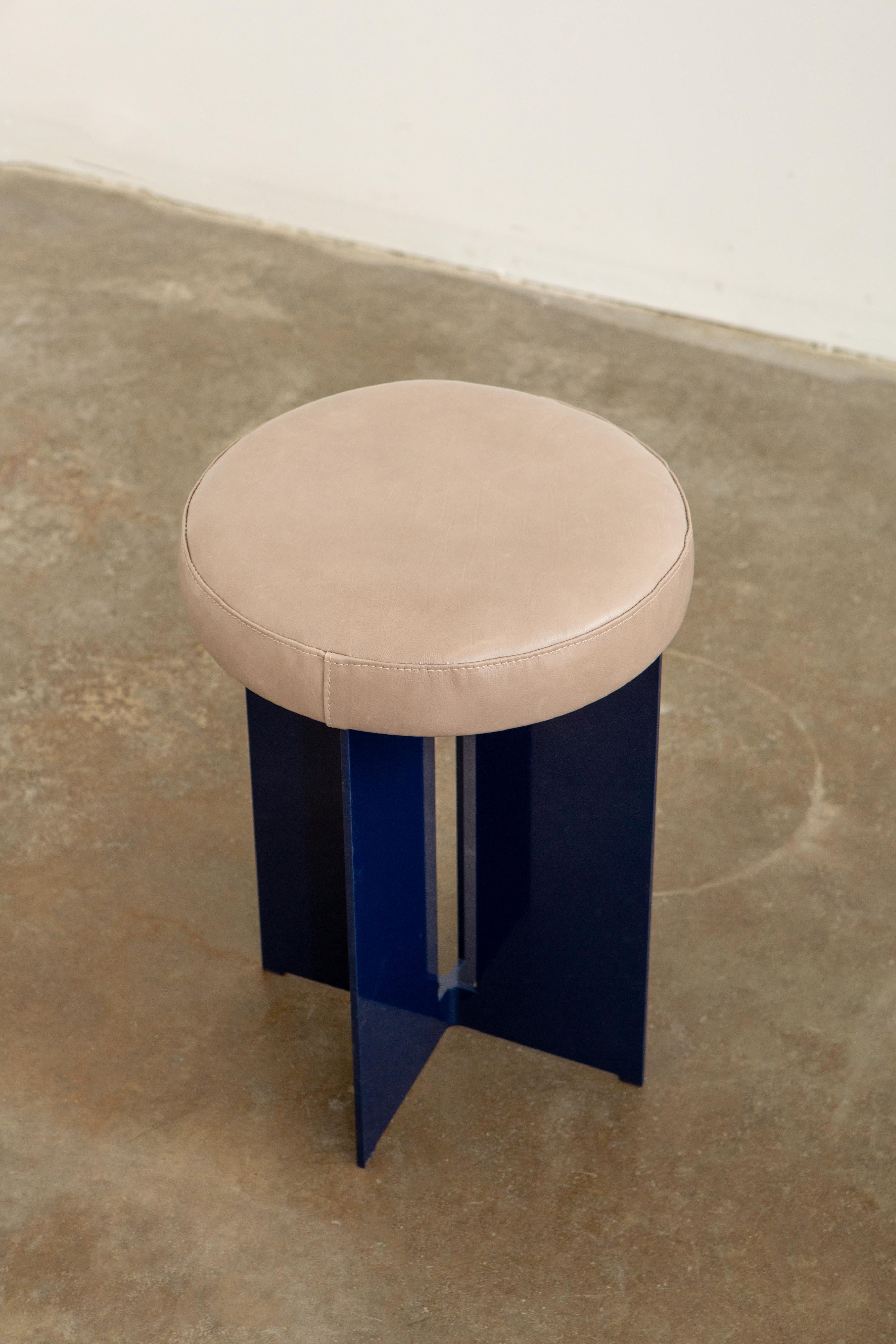 Modern Mers Low Stool in Pacific Blue Aluminum with Upholstered Leather Seat For Sale
