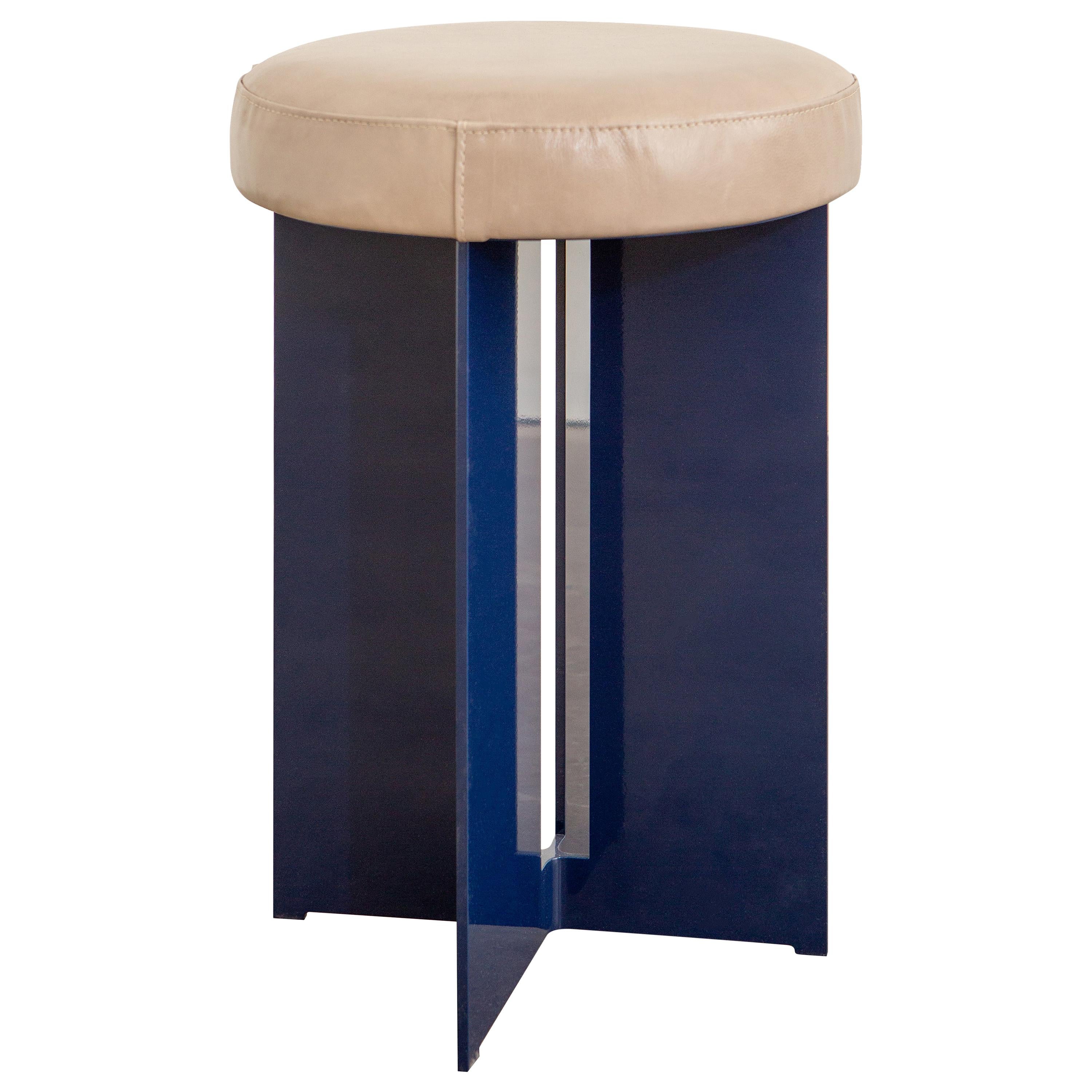 Mers Low Stool in Pacific Blue Aluminum with Upholstered Leather Seat For Sale
