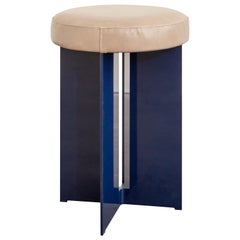 Mers Low Stool in Pacific Blue Aluminum with Upholstered Leather Seat