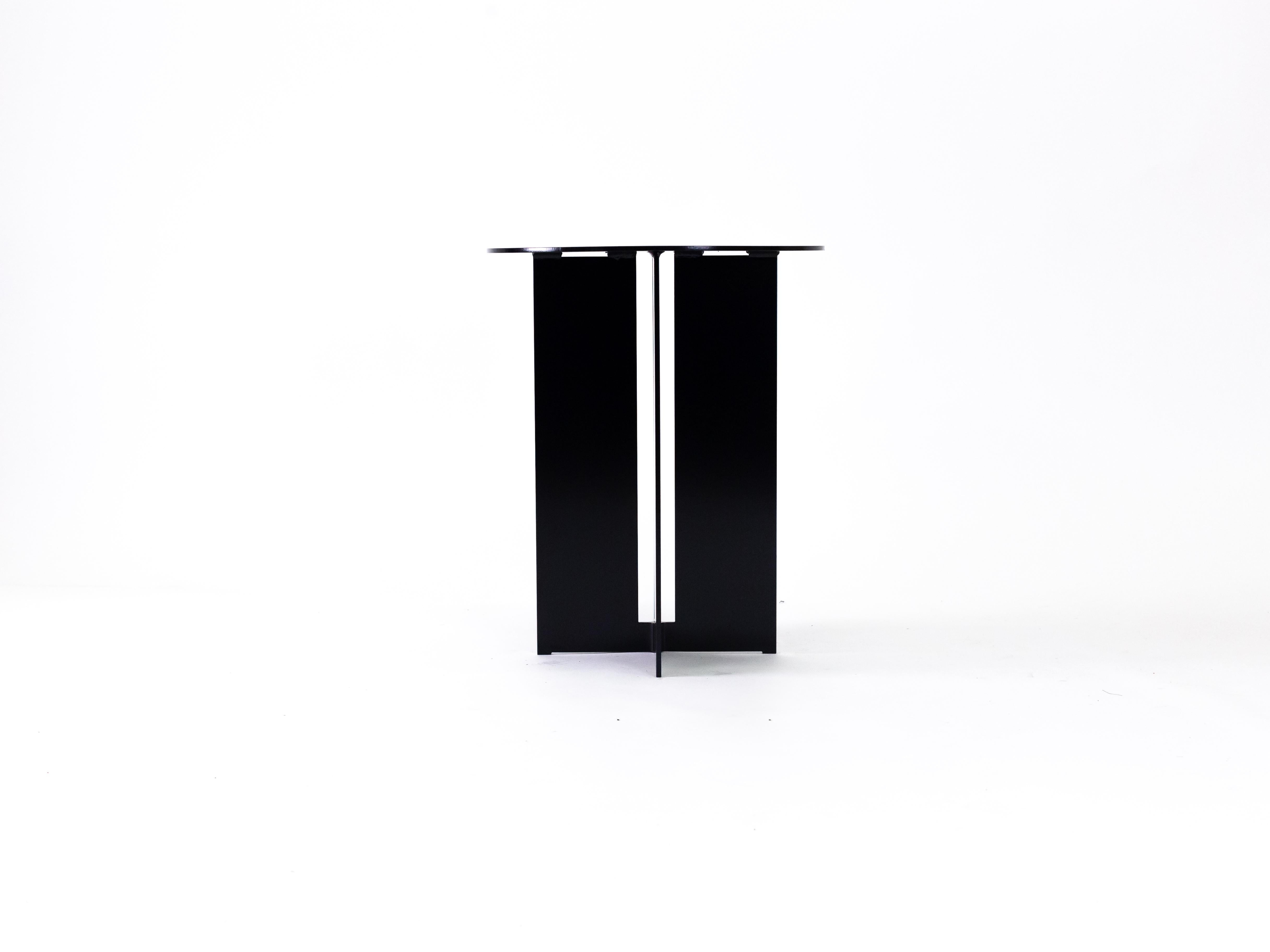 The Mers Side Table is fabricated from solid aluminum and is suitable for use indoors and out. Form is inspired by the simple utilitarianism of West Coast aluminum fishing boats.

Shown in aluminum with Black painted finish.

Custom sizing and
