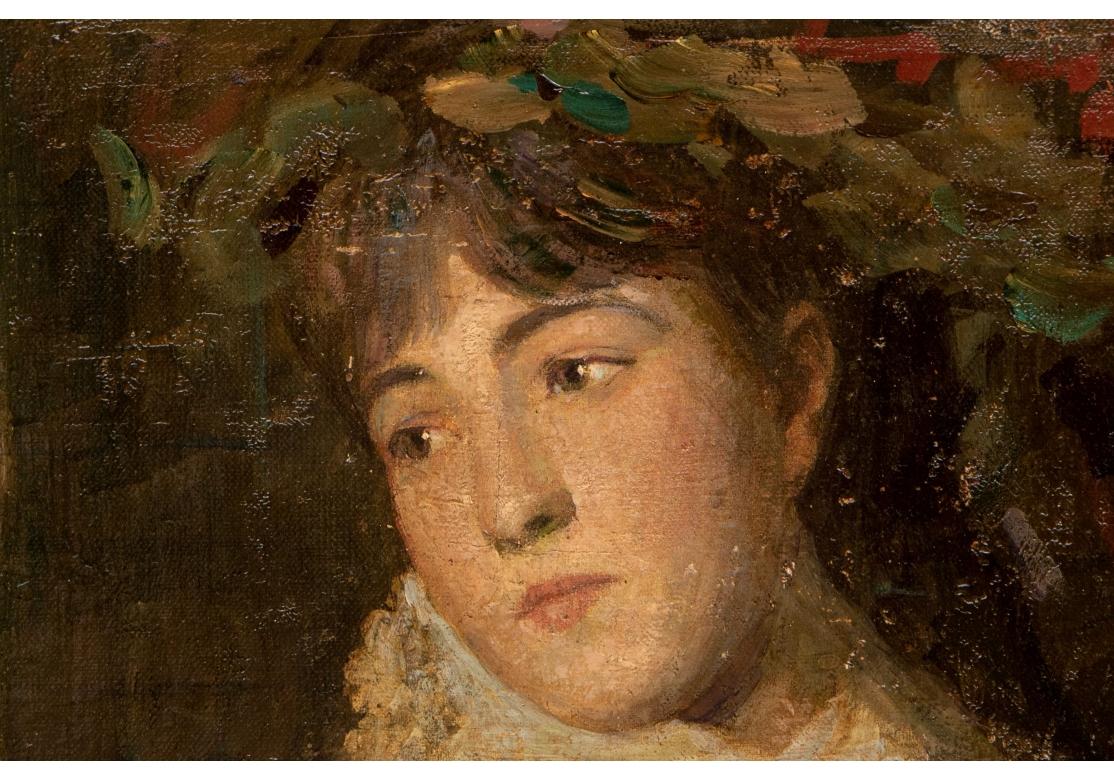 Signed lower left. A lovely pensive woman dressed in 19th c. style holding flowers. She looks to the left with fruits in an abstract composition on a table. 
16 1/2 x 27 3/4