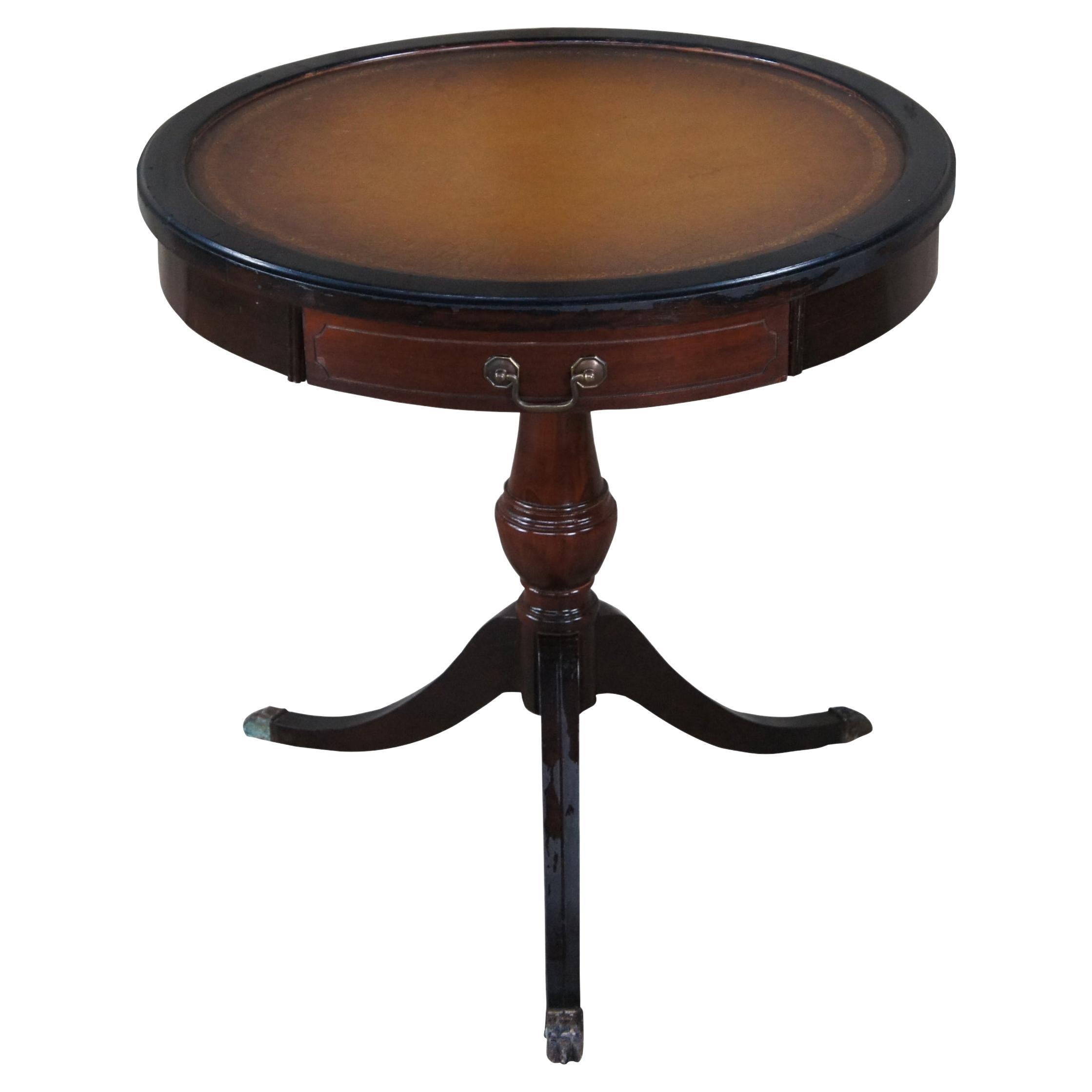 Mersman Mid Century Mahogany Leather Pedestal Drum Center Accent Table 26"