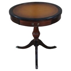 Antique Mersman Mid Century Mahogany Leather Pedestal Drum Center Accent Table 26"