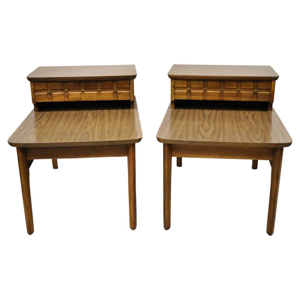 Mid Century Modern Walnut and Laminate Top 2 Tier Step Up End Tables ...