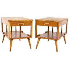 Vintage Mersman Mid Century Single Drawer Blonde Oak Nightstand Side End Tables, a Pair