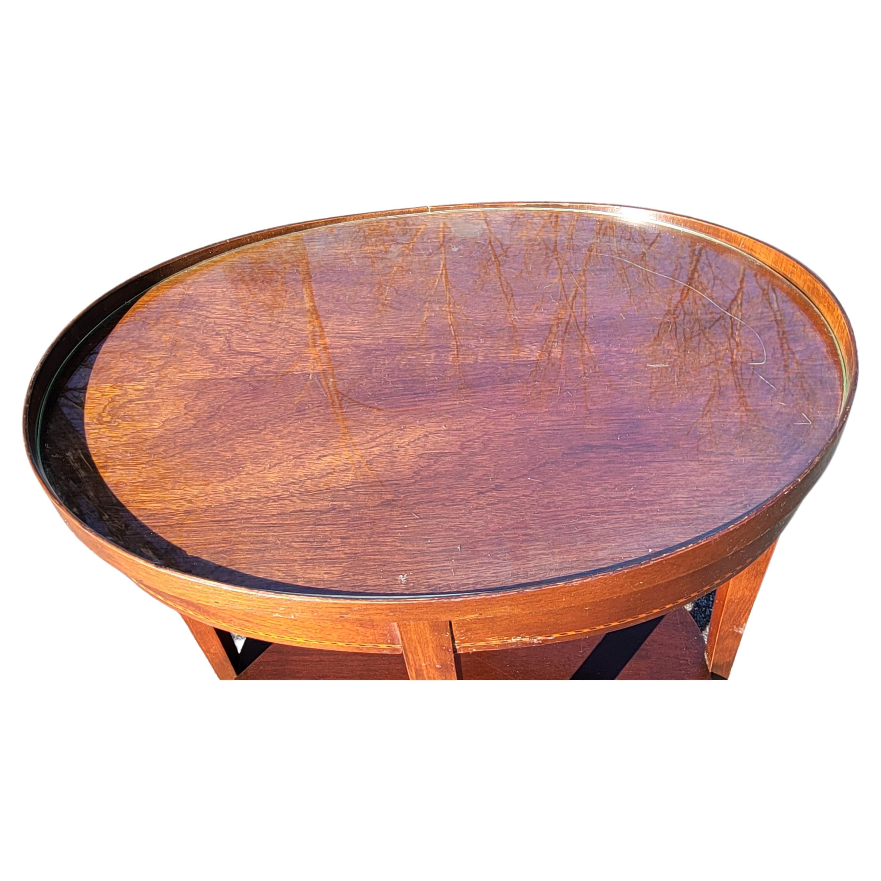 American Mersman Tiered Mahogany Inlay Oval Side Table W/ Protective Glass Top For Sale