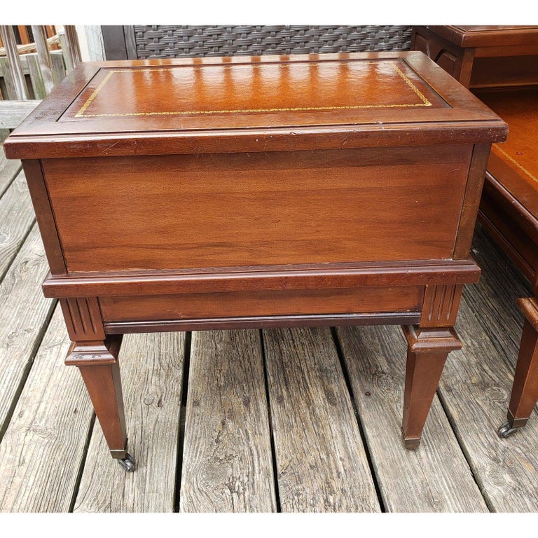 Mersman Two Tier Mahogany Tables with Leather Top Inserts Circa 1960s, a Pair For Sale at