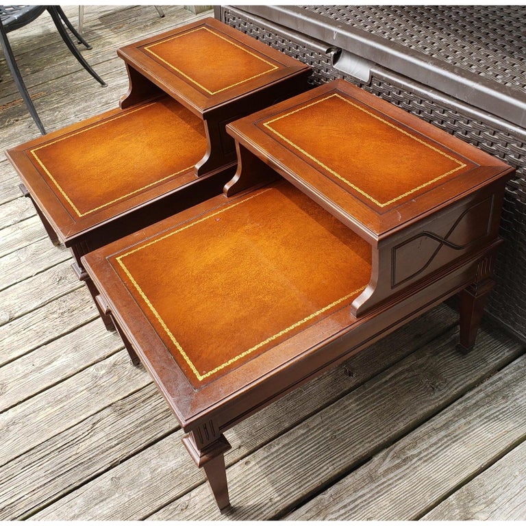 Mersman Two Tier Mahogany Tables with Leather Top Inserts Circa 1960s, a Pair For Sale at 1stDibs