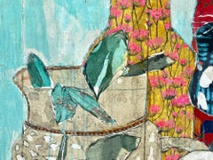 "Still Life VII" Large Collage Style Mixed Media with Textured Tea Pots & Vases