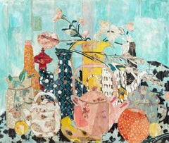 "Natura morta VII": collage di grandi dimensioni in stile mixed media con vasi da tè e texture