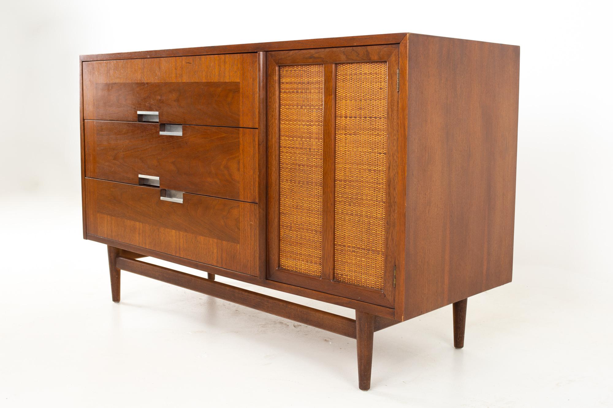 Merton Gershun for American of Martinsville midcentury walnut and cane sideboard buffet credenza
Credenza measures: 50 wide x 19 deep x 31 inches high

All pieces of furniture can be had in what we call restored vintage condition. That means the