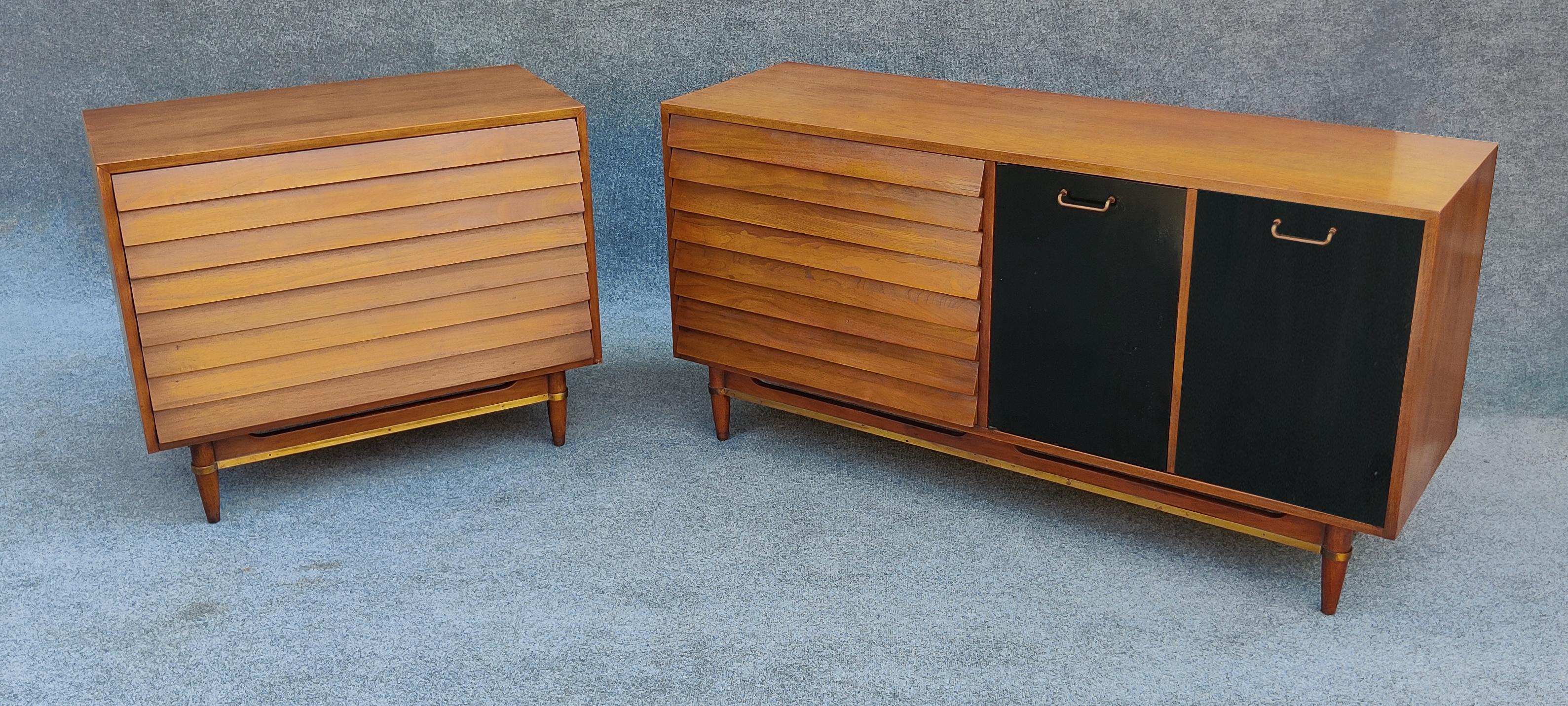 Mid-Century Modern Merton Gershun - American of Martinsville Long & Short Louvered Walnut Cabinets For Sale