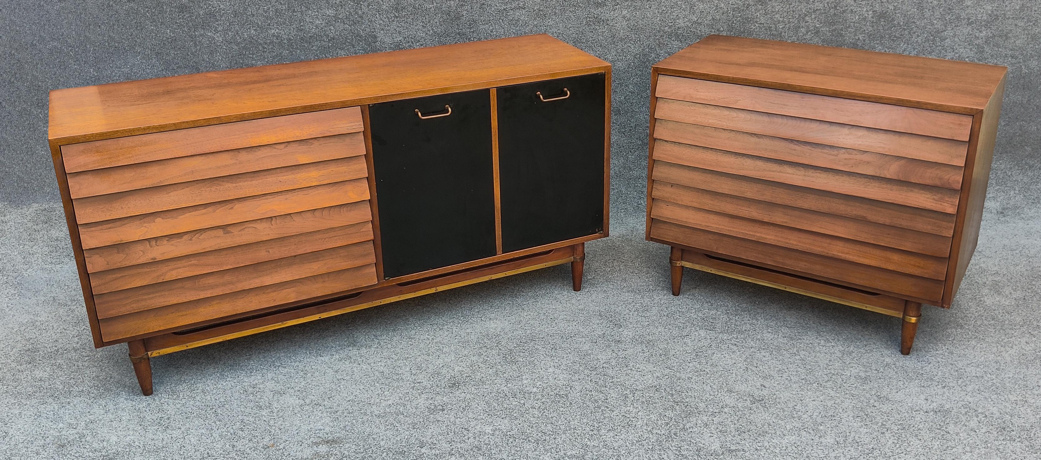 Mid-20th Century Merton Gershun - American of Martinsville Long & Short Louvered Walnut Cabinets For Sale