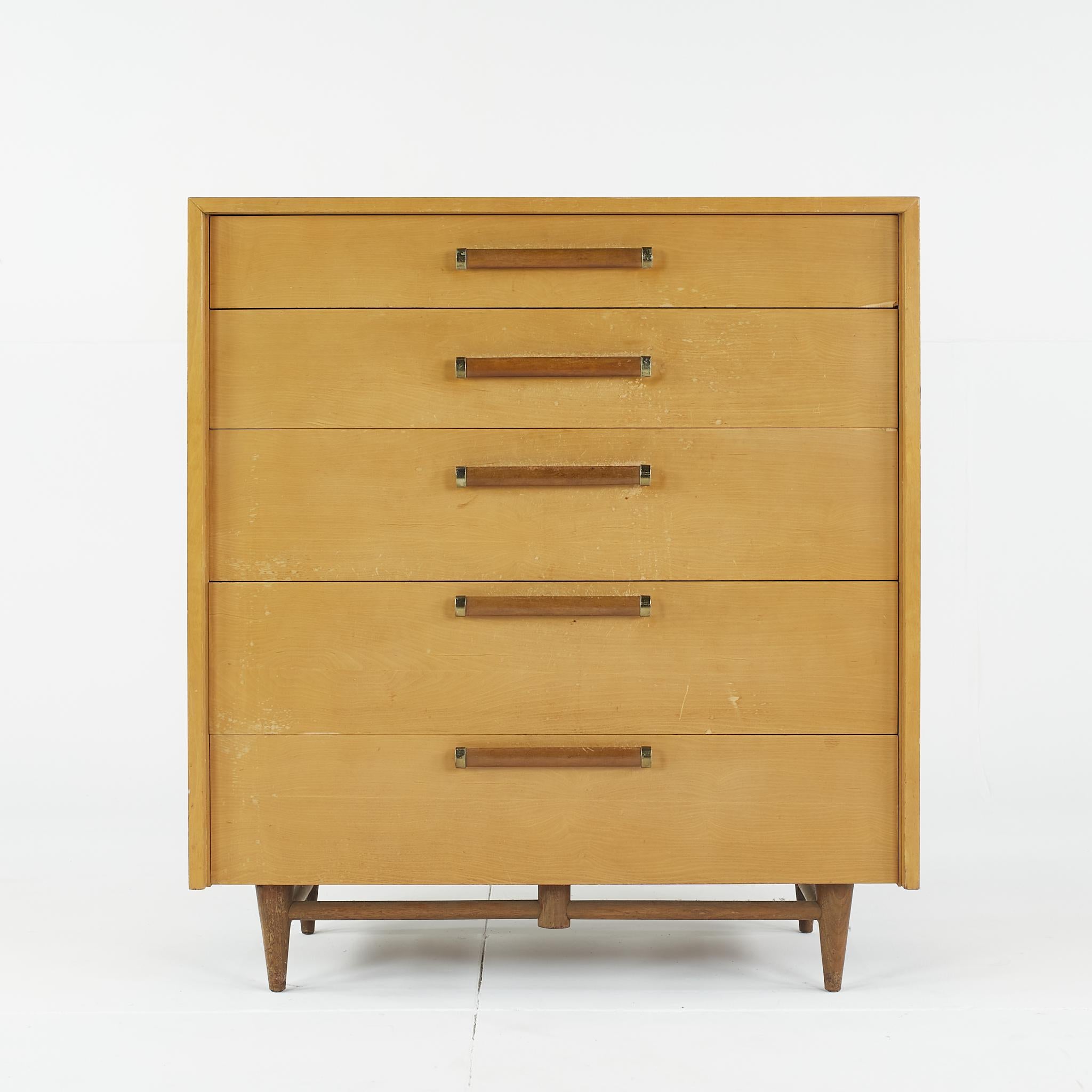 Merton Gershun for American of Martinsville Mid Century Urban Suburban 5-Drawer Highboy Dresser

This dresser measures: 38 wide x 19 deep x 42 inches high

All pieces of furniture can be had in what we call restored vintage condition. That means