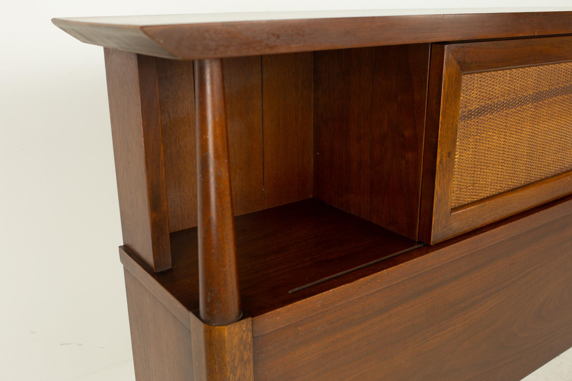 Merton Gershun American of Martinsville MCM Walnut Cane Full Storage Headboard In Good Condition In Countryside, IL
