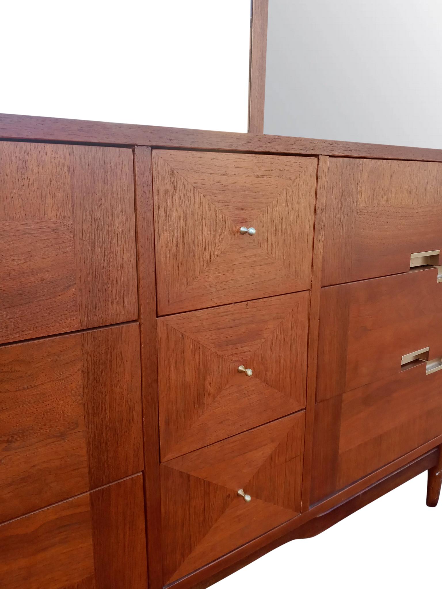Aluminum Merton Gershun American of Martinsville Walnut Acclaim Dresser & Mirror MCM Era