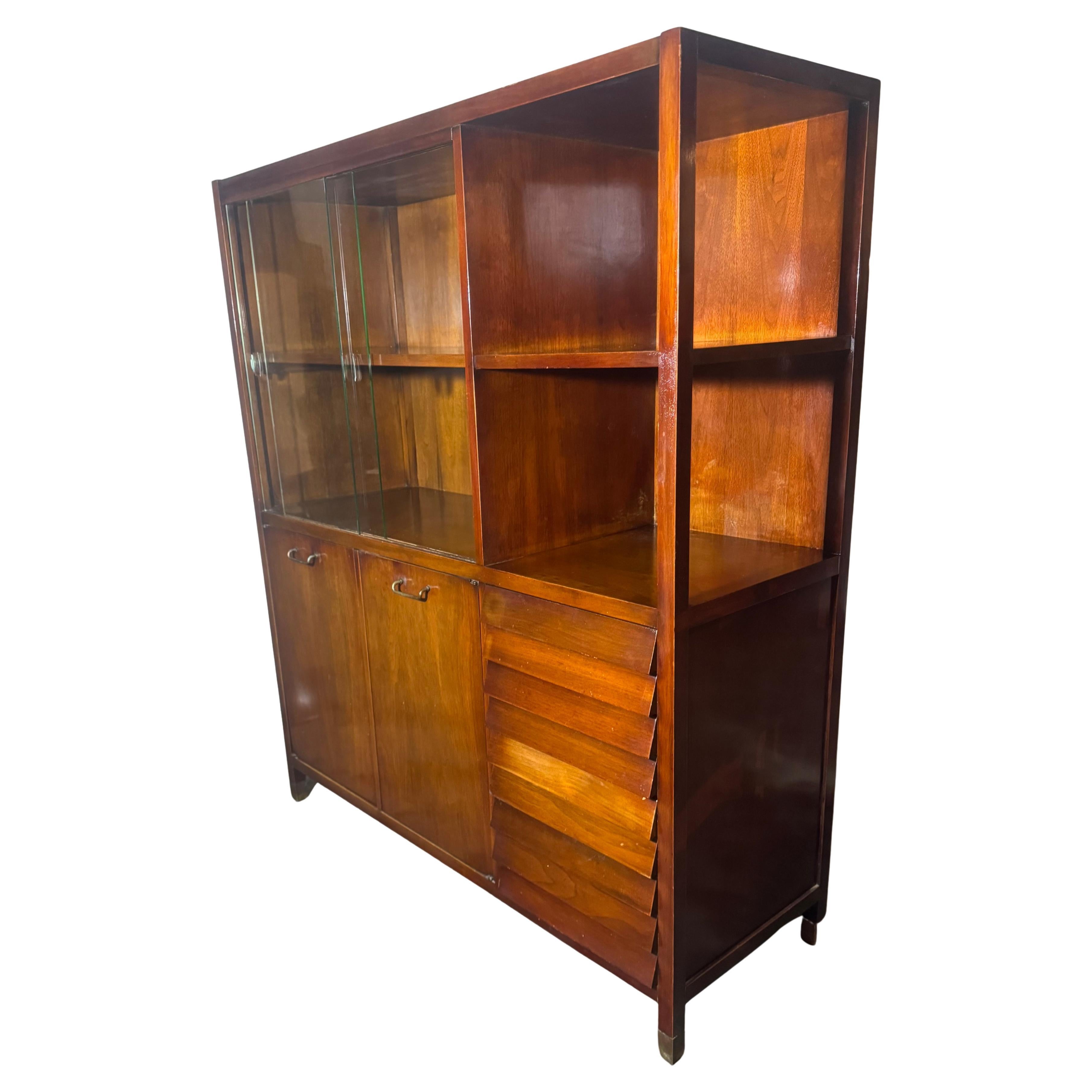 Merton Gershun American of Martinsville Walnut / Brass Display, Cocktail Cabinet