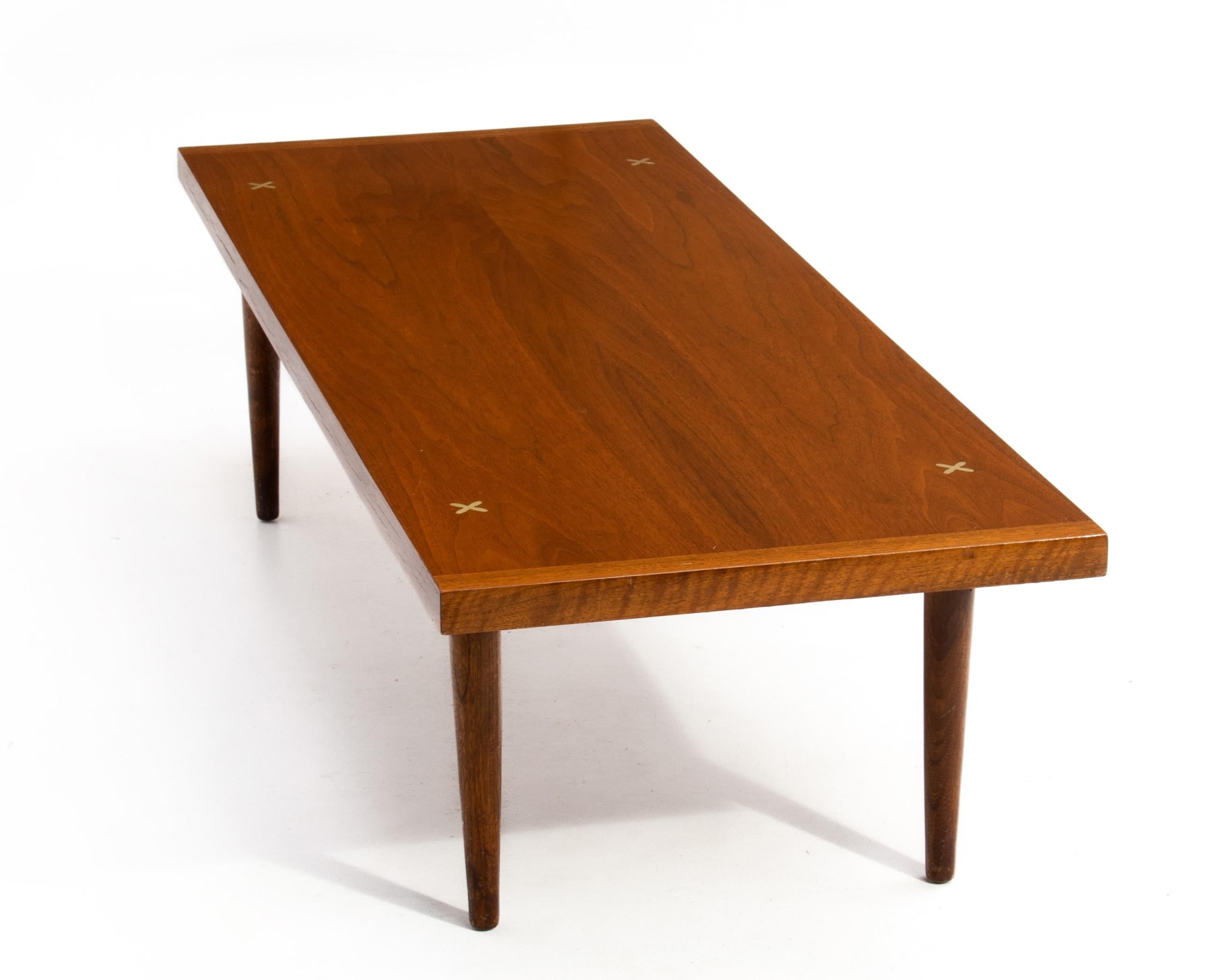 A rectangular Merton Gershun for American of Martinsville X Inlaid Mid-Century coffee or cocktail table in the original finish.