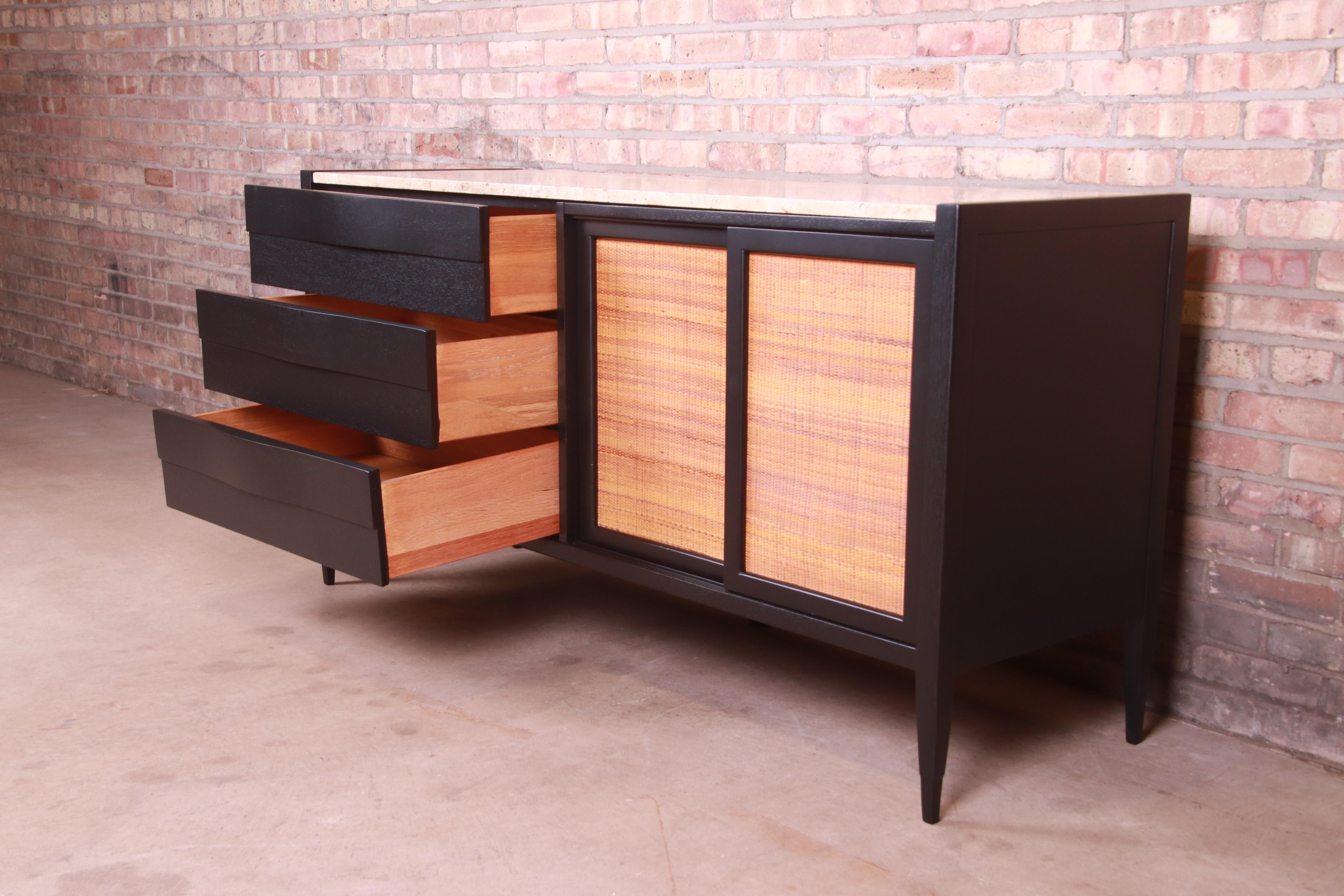 Merton Gershun Black Lacquer and Cane Travertine Top Dresser or Credenza 5