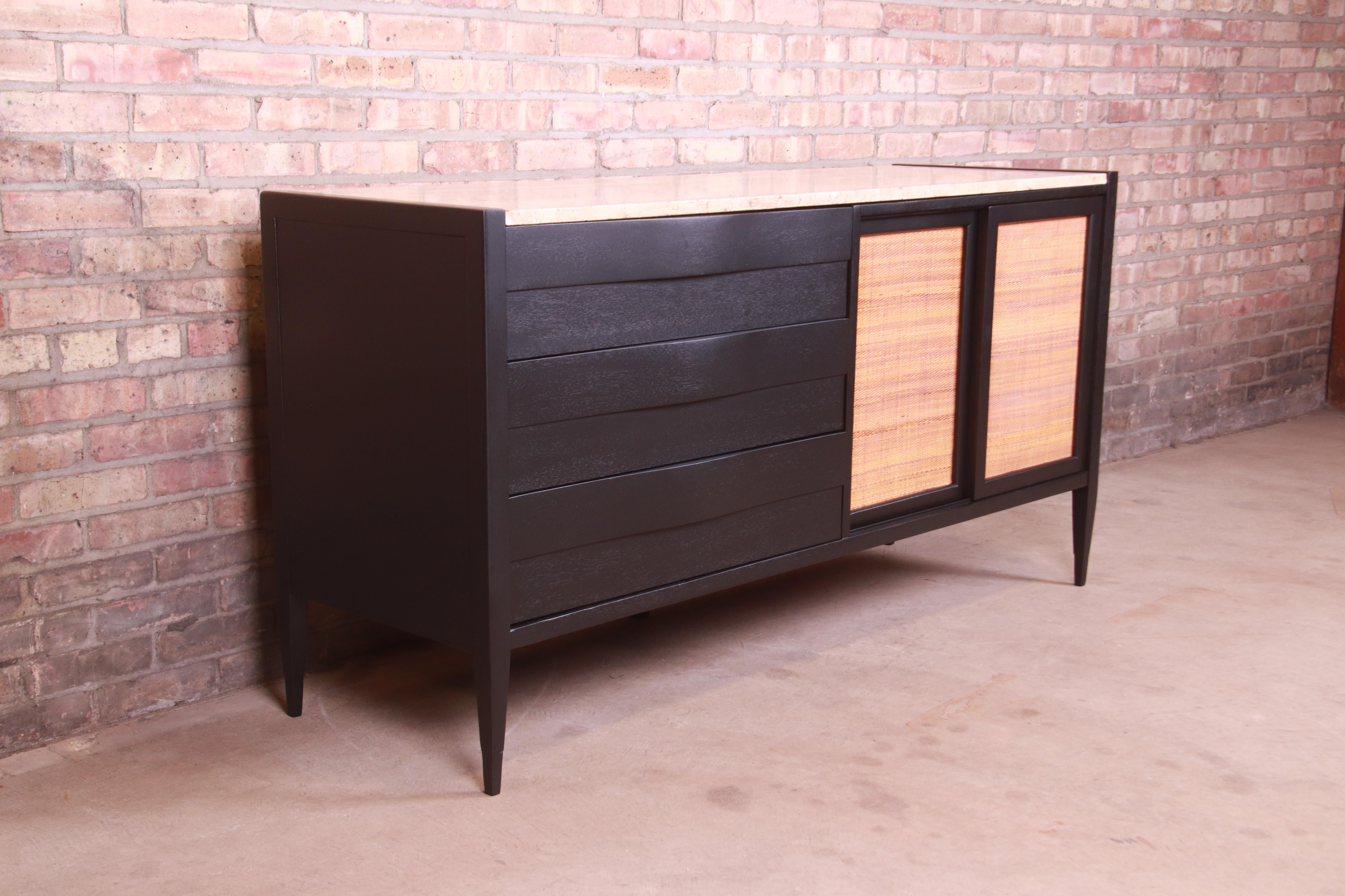 Merton Gershun Black Lacquer and Cane Travertine Top Dresser or Credenza In Good Condition In South Bend, IN