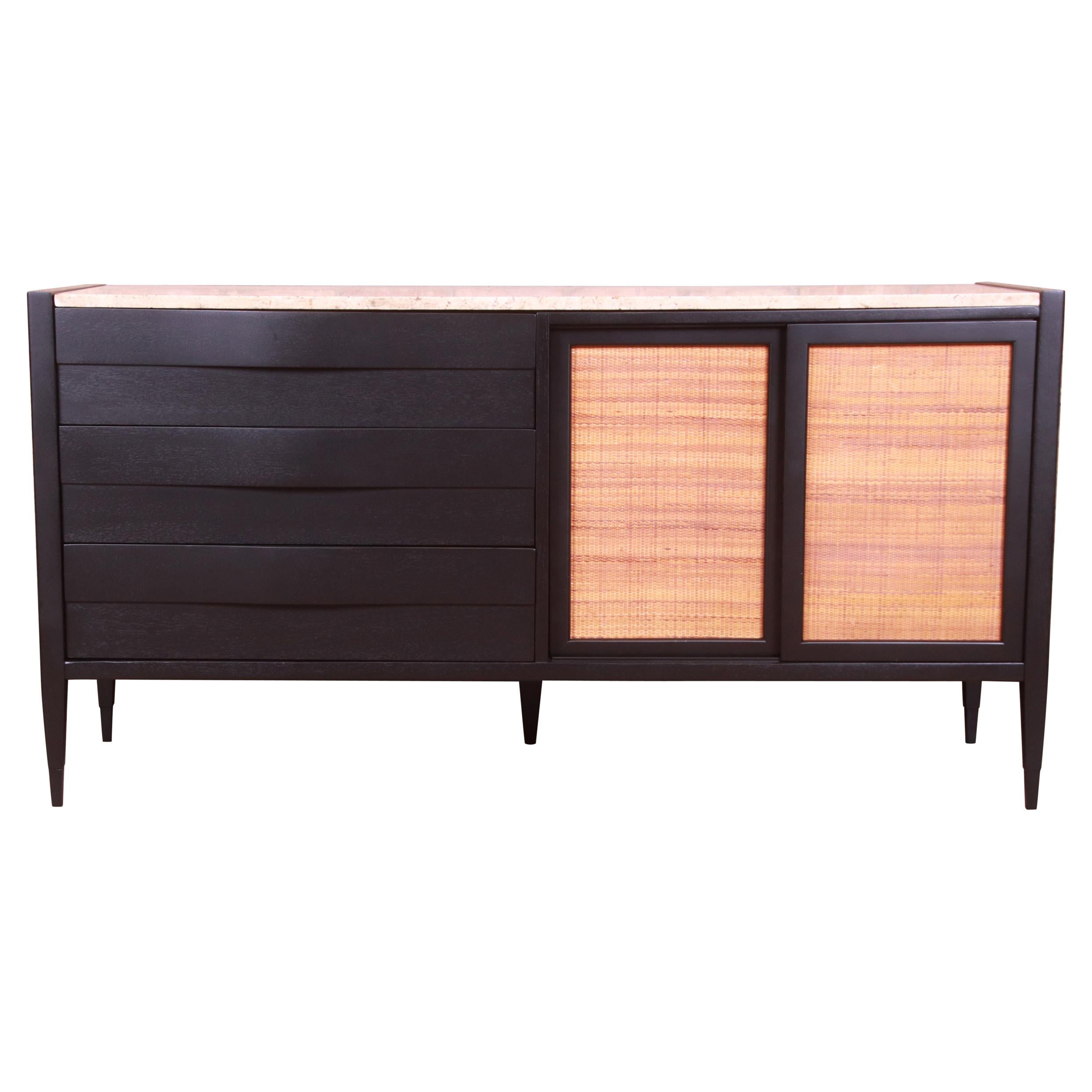 Merton Gershun Black Lacquer and Cane Travertine Top Dresser or Credenza