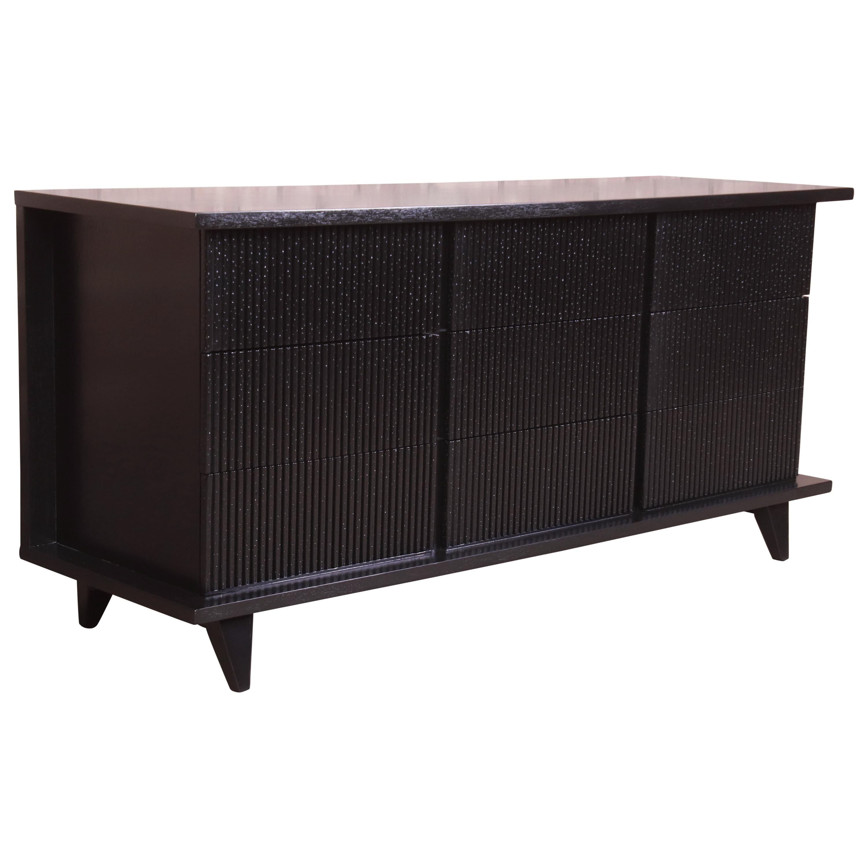 Merton Gershun Black Lacquered Triple Dresser or Credenza, Newly Refinished