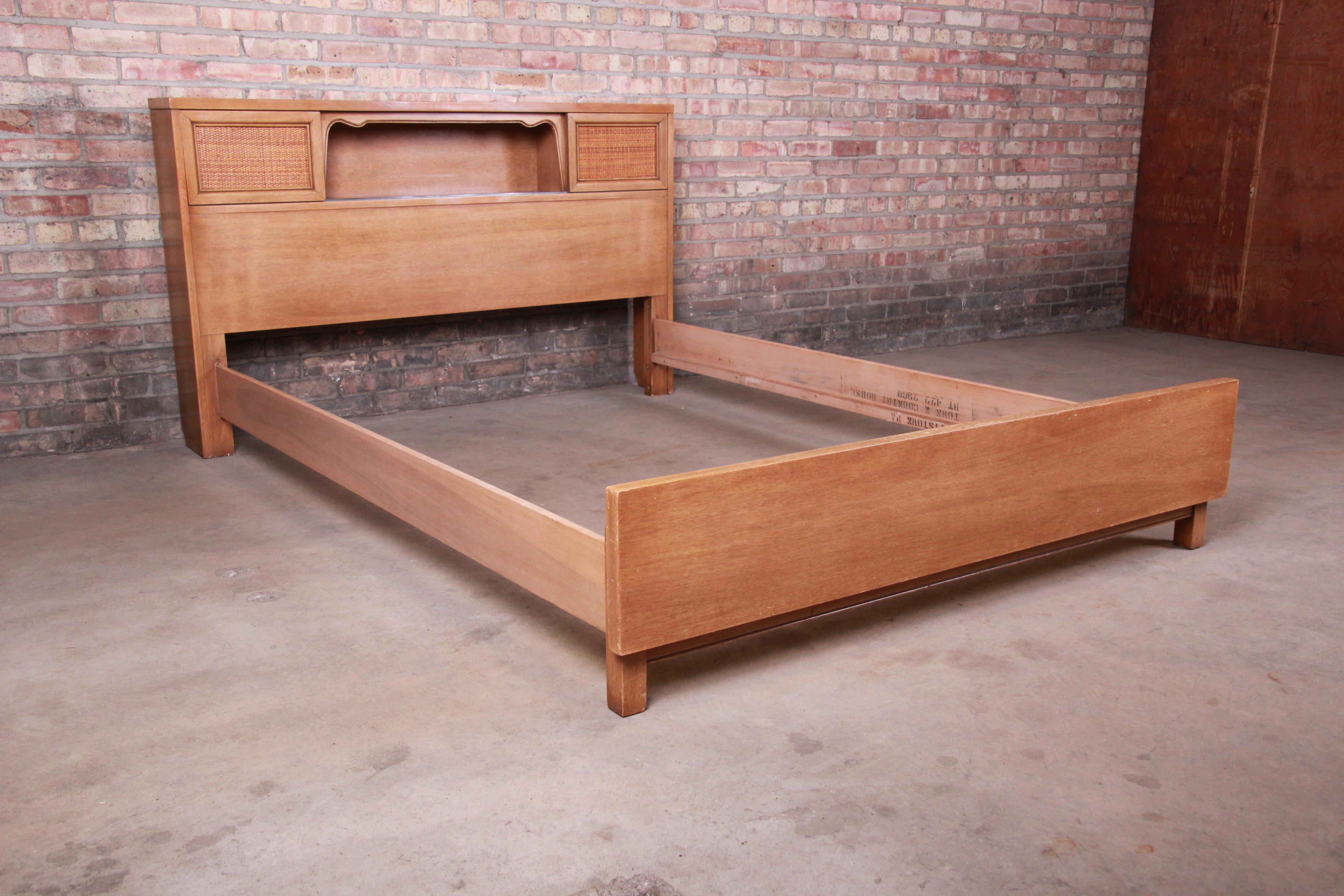 American Merton Gershun Bleached Mahogany and Cane Full Size Bed, 1960s