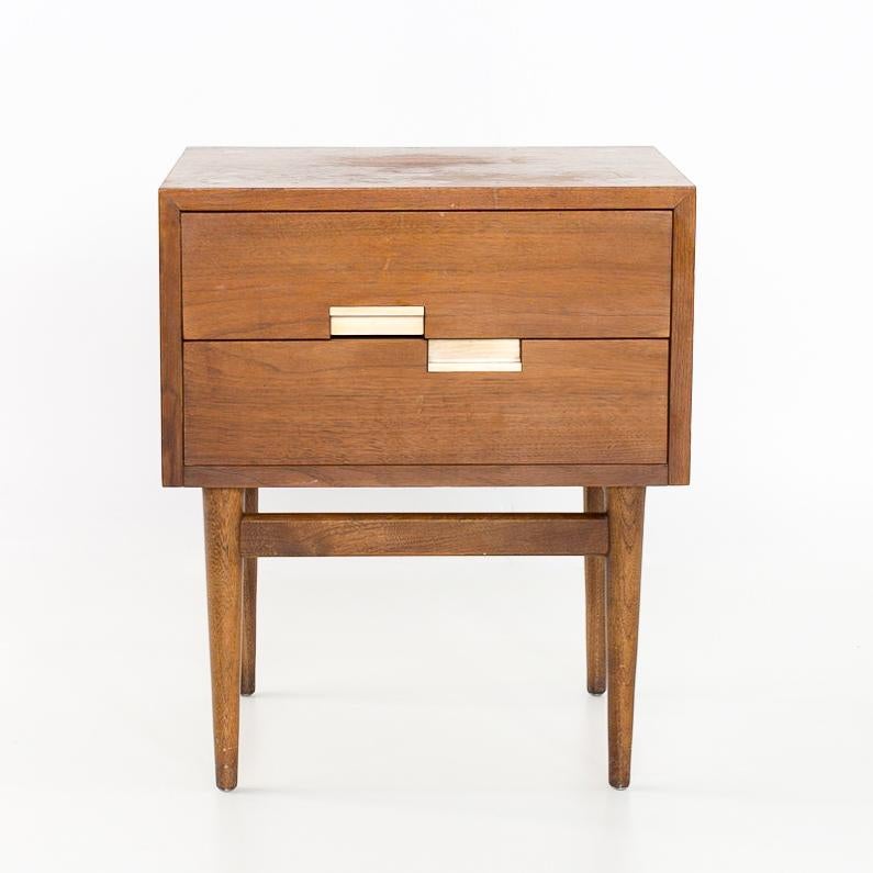 Merton Gershun for American of Martinsville mid century walnut & brass x-inlaid nightstand
Nightstand measures: 20 wide x 16 deep x 24 inches high

All pieces of furniture can be had in what we call restored vintage condition. That means the