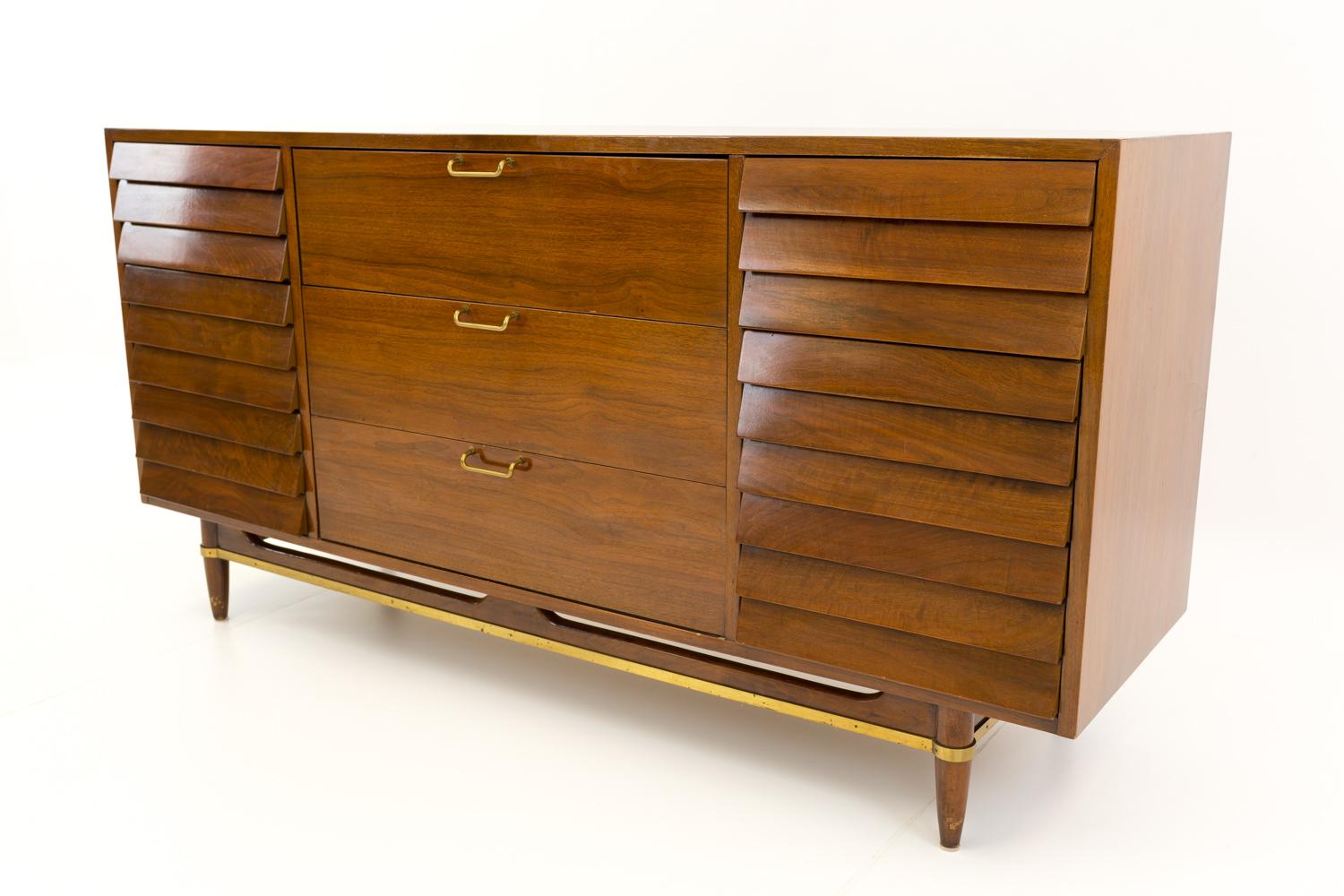 Merton Gershun for American of Martinsville louvered front 9 drawer lowboy dresser
This lowboy is 65 wide x 19 deep x 32.75 inches high

All pieces of furniture can be had in what we call restored vintage condition. That means the piece is