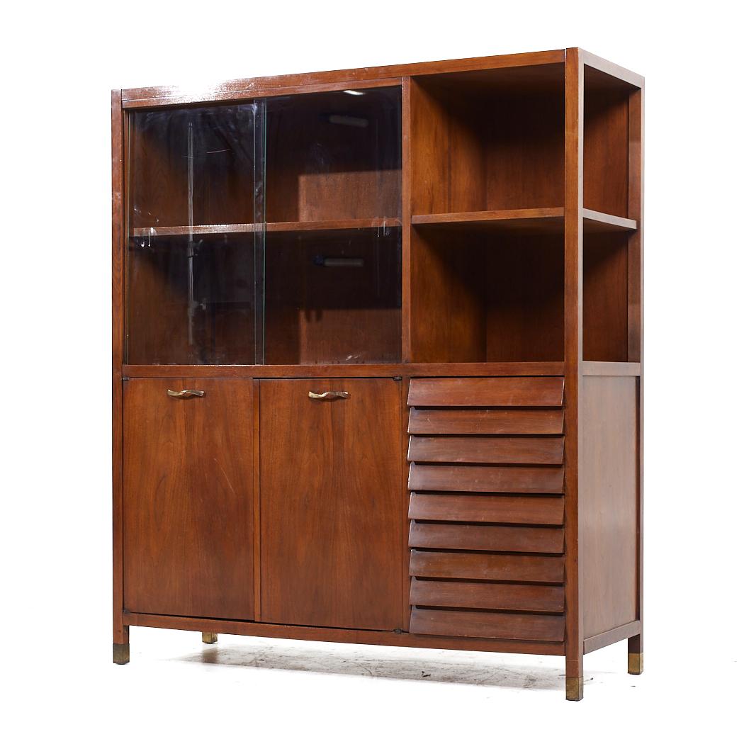 Mid-Century Modern Merton Gershun for American of Martinsville MCM Walnut and Brass China Cabinet For Sale