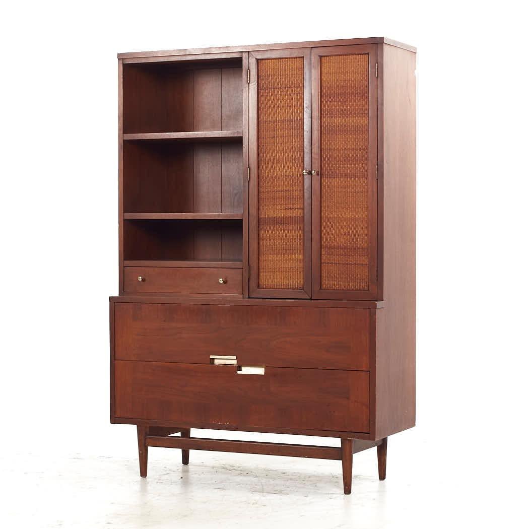 Mid-Century Modern Merton Gershun for American of Martinsville MCM Walnut and Cane Bookcase Hutch For Sale