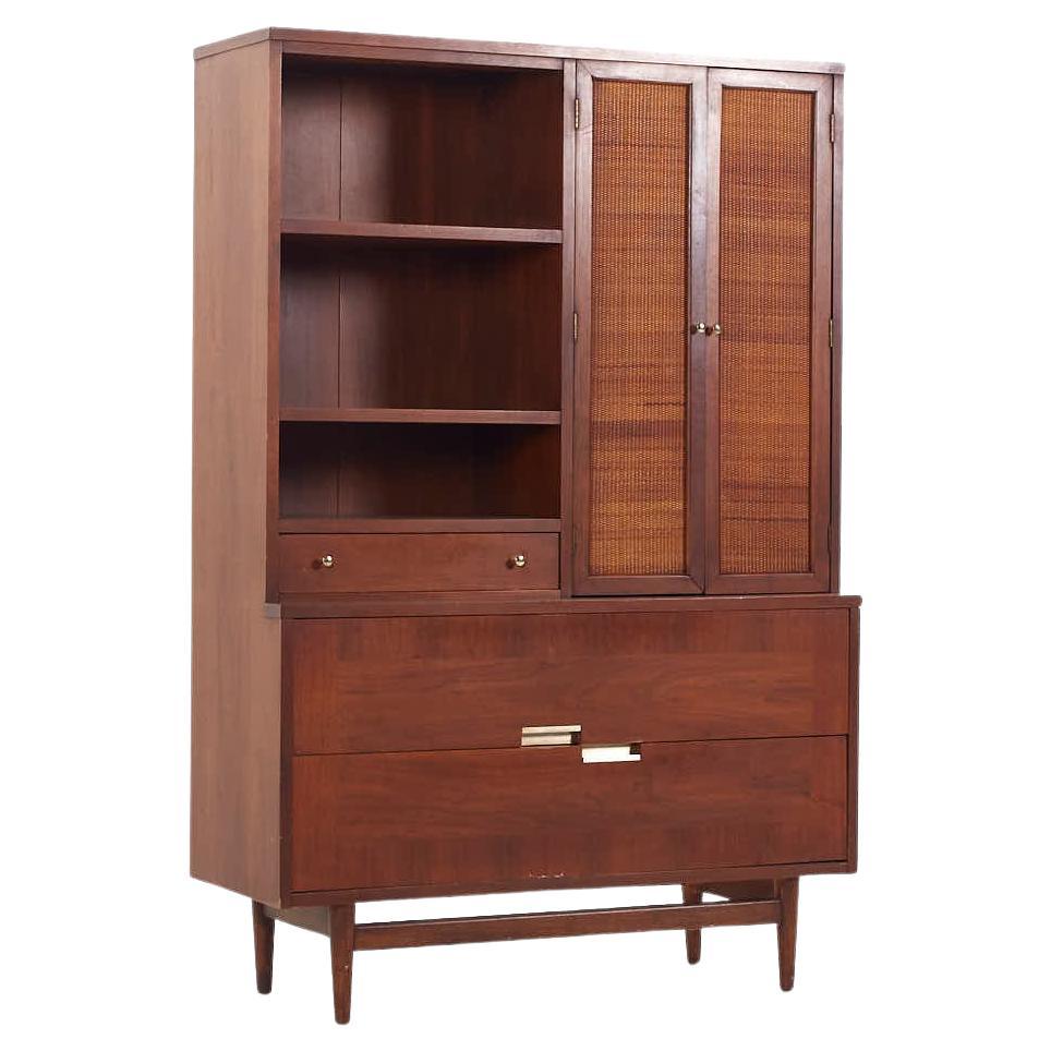 Merton Gershun for American of Martinsville MCM Walnut and Cane Bookcase Hutch For Sale