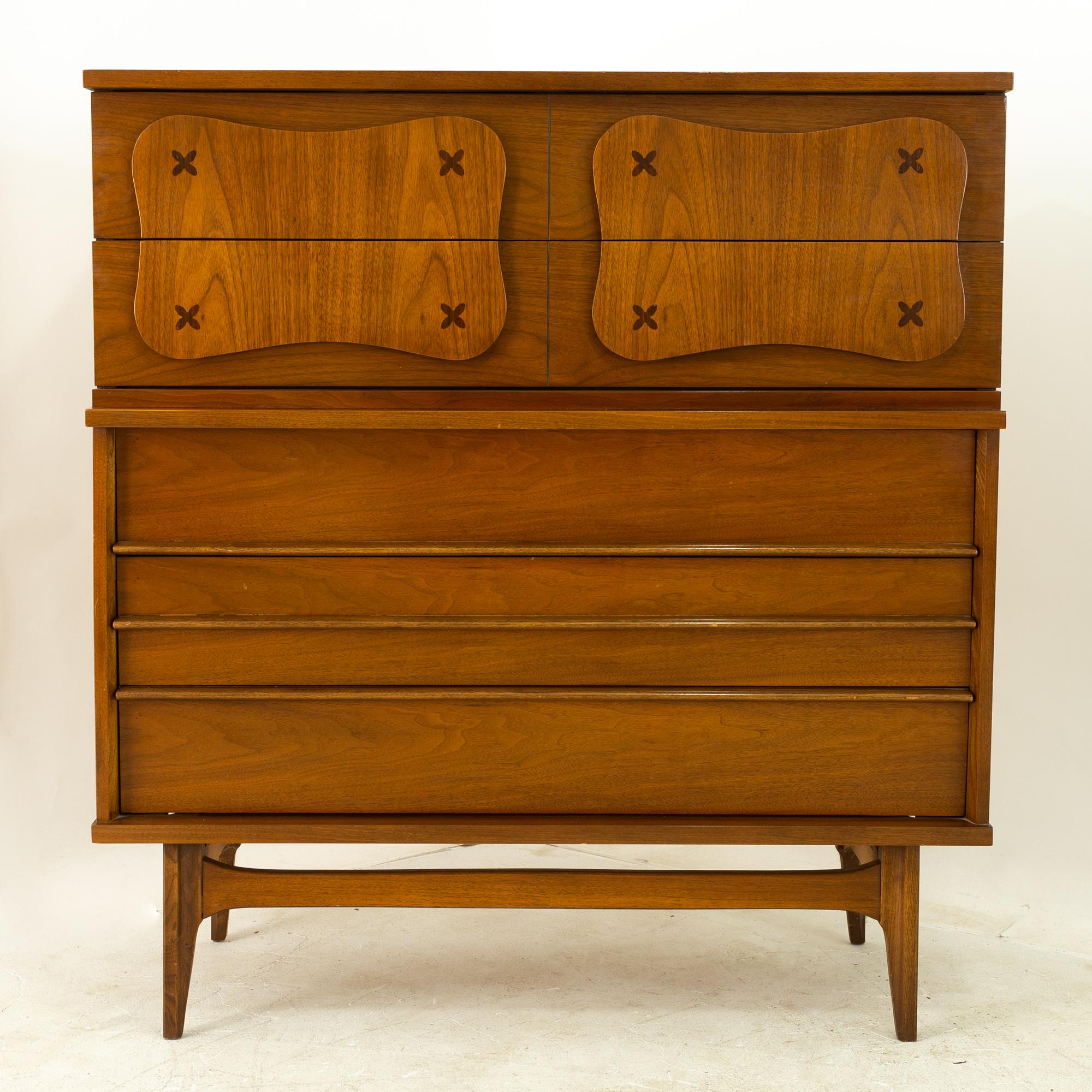 Merton Gershun for American of Martinsville style Bassett Mid Century 5-drawer highboy dresser 
Measures: 42 wide x 17.75 deep x 45.25 high.

This price includes getting this piece in what we call restored vintage condition. That means the piece is