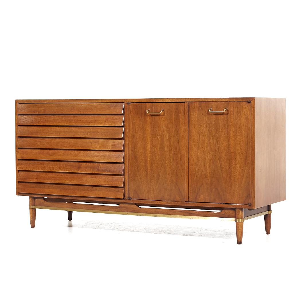 Mid-Century Modern Merton Gershun for American of Martinsville Walnut and Brass Lowboy Dresser For Sale