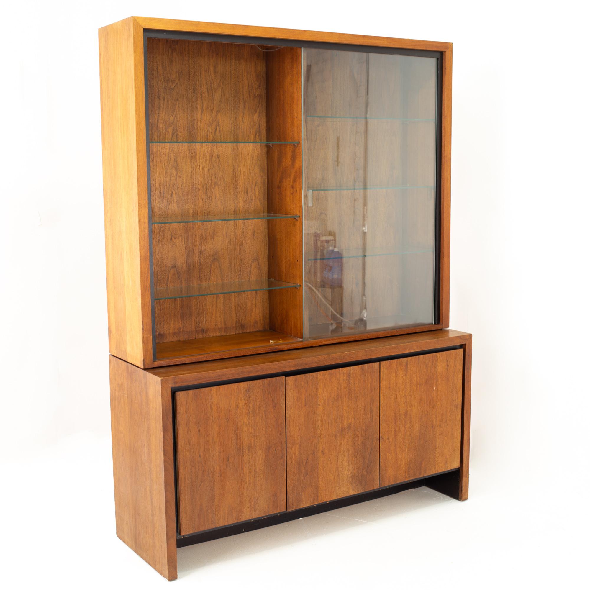 American Merton Gershun for Dillingham Mid Century Bookmatched Walnut China Cabinet