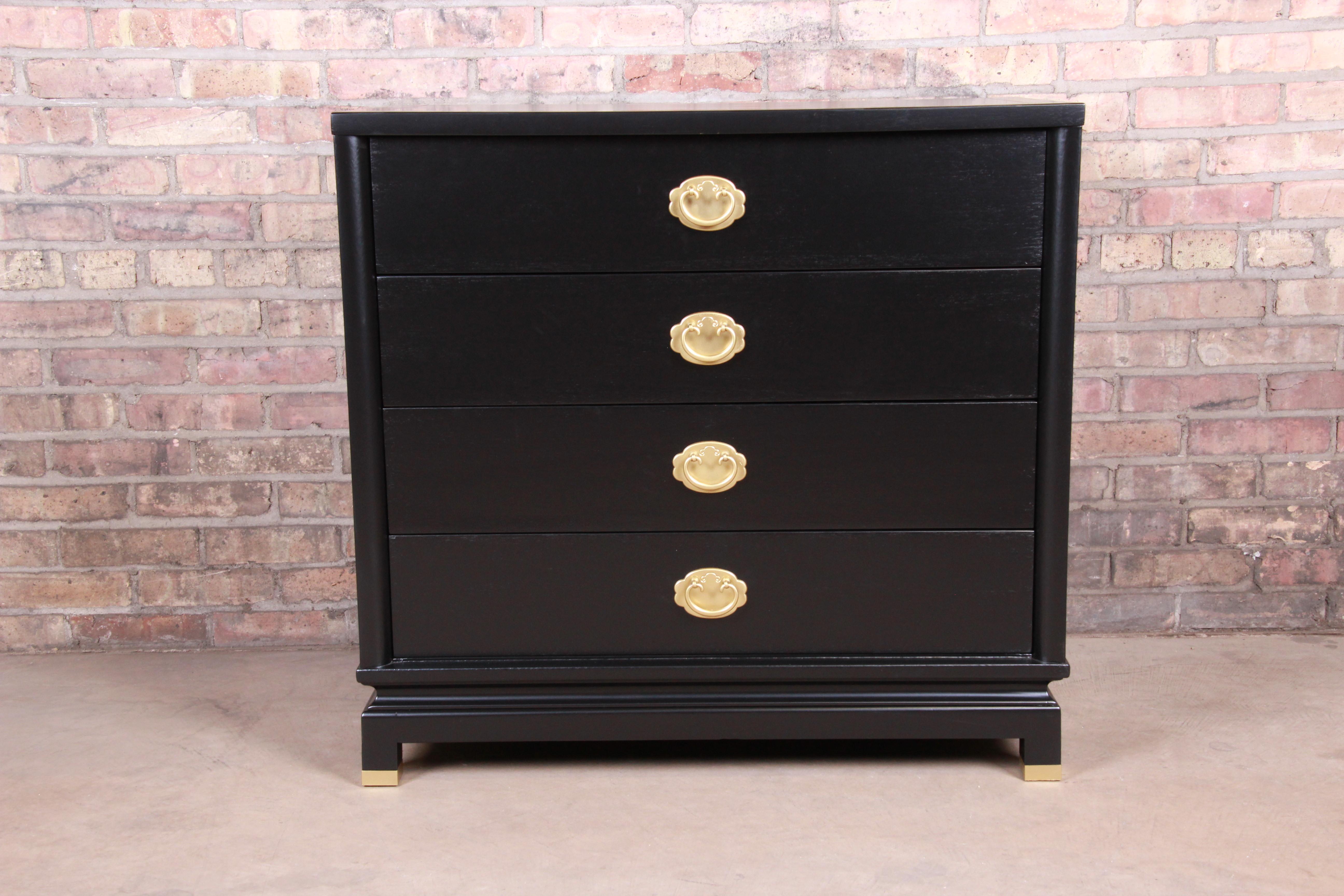 Mid-Century Modern Merton Gershun Hollywood Regency Black Lacquered Chest of Drawers, Refinished
