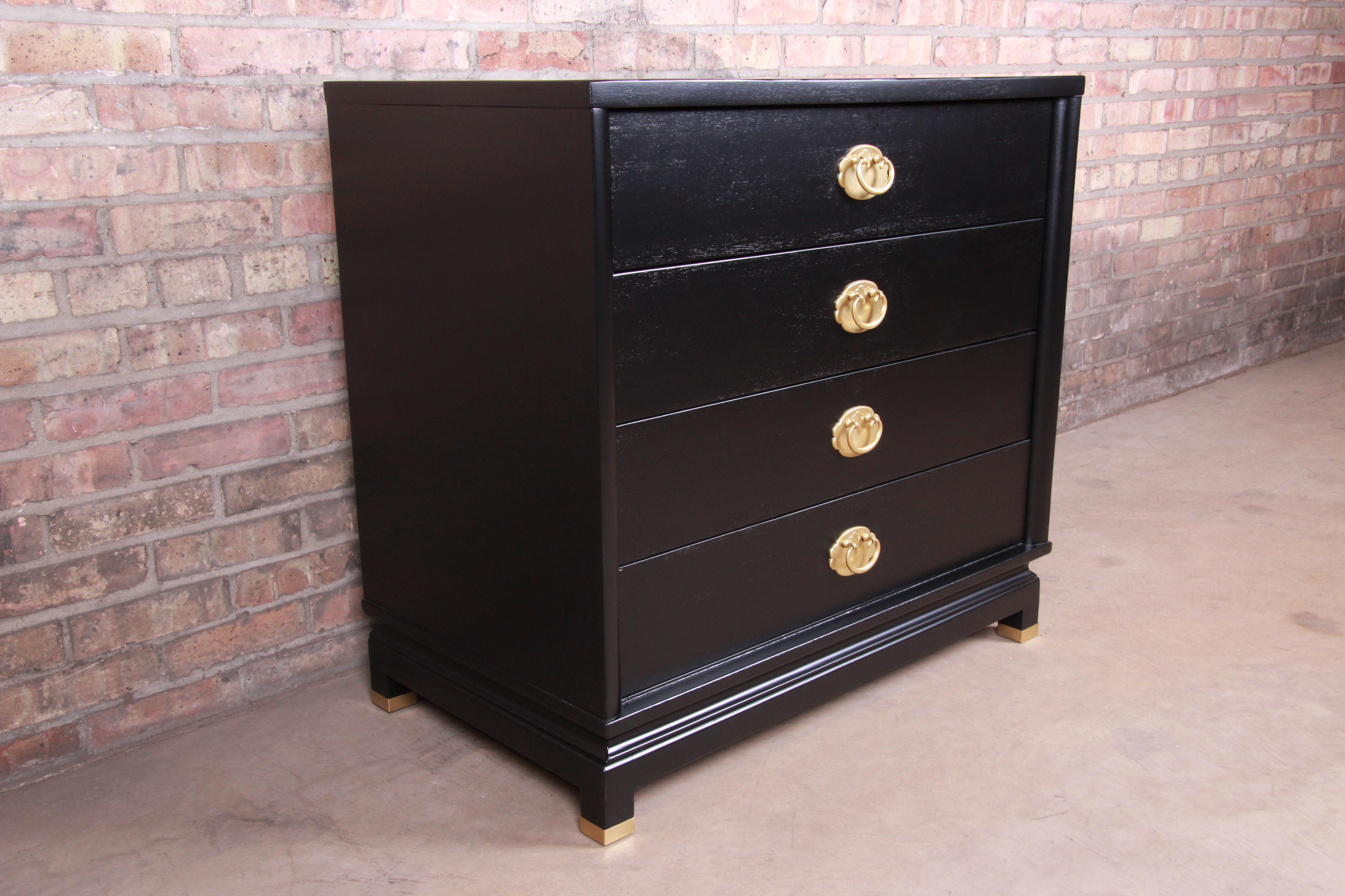 American Merton Gershun Hollywood Regency Black Lacquered Chest of Drawers, Refinished