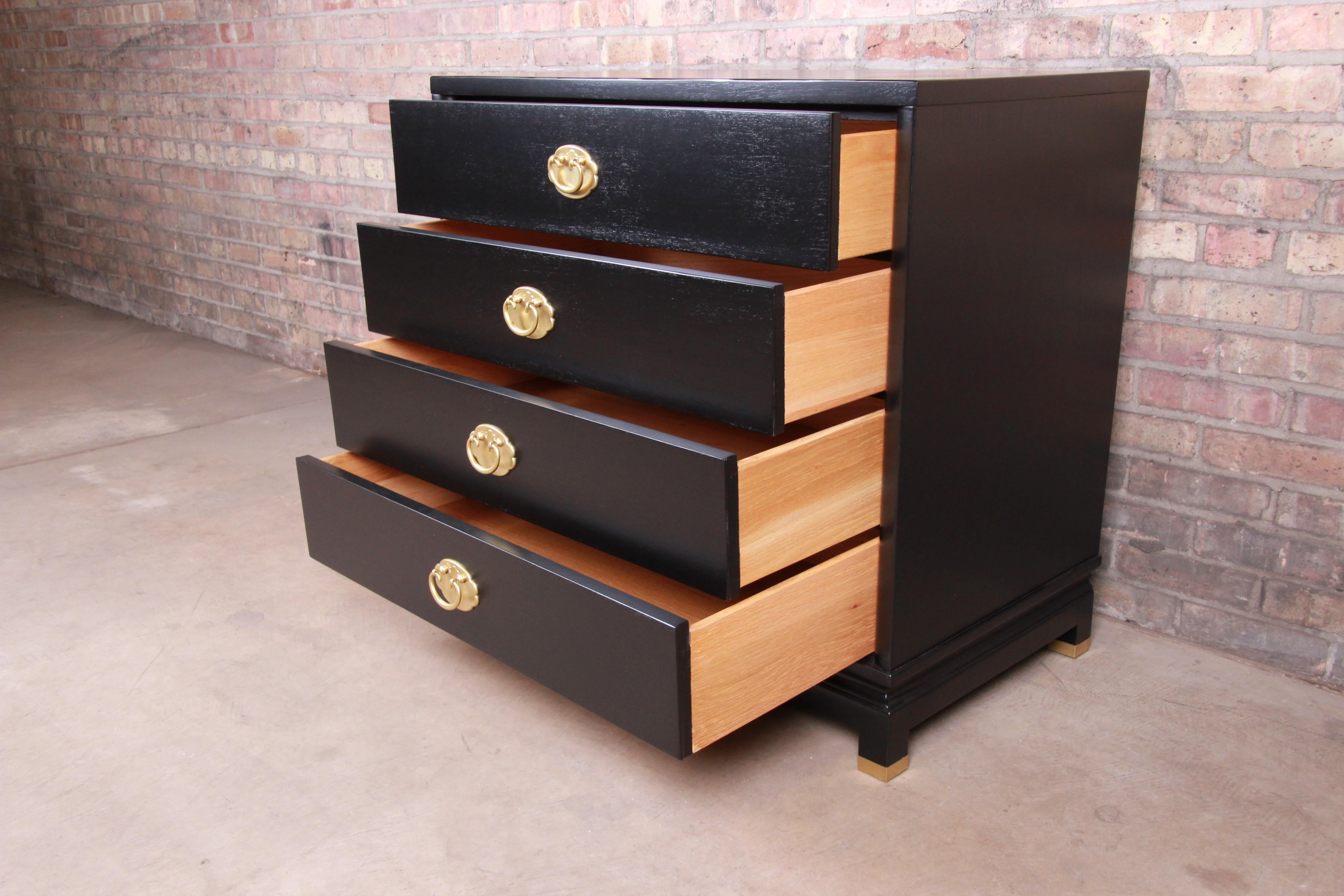 Brass Merton Gershun Hollywood Regency Black Lacquered Chest of Drawers, Refinished