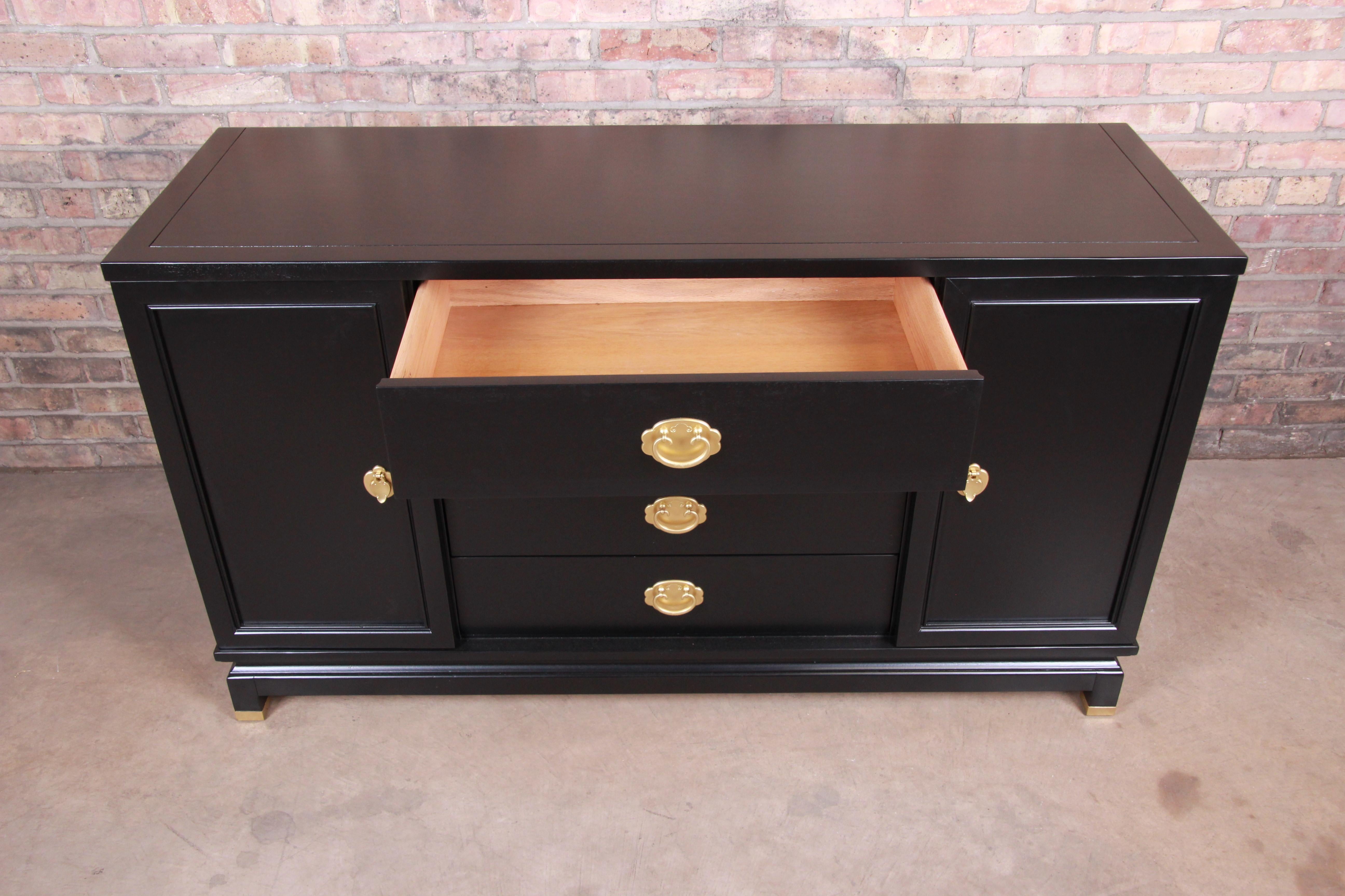 American Merton Gershun Hollywood Regency Black Lacquered Sideboard Credenza, Refinished