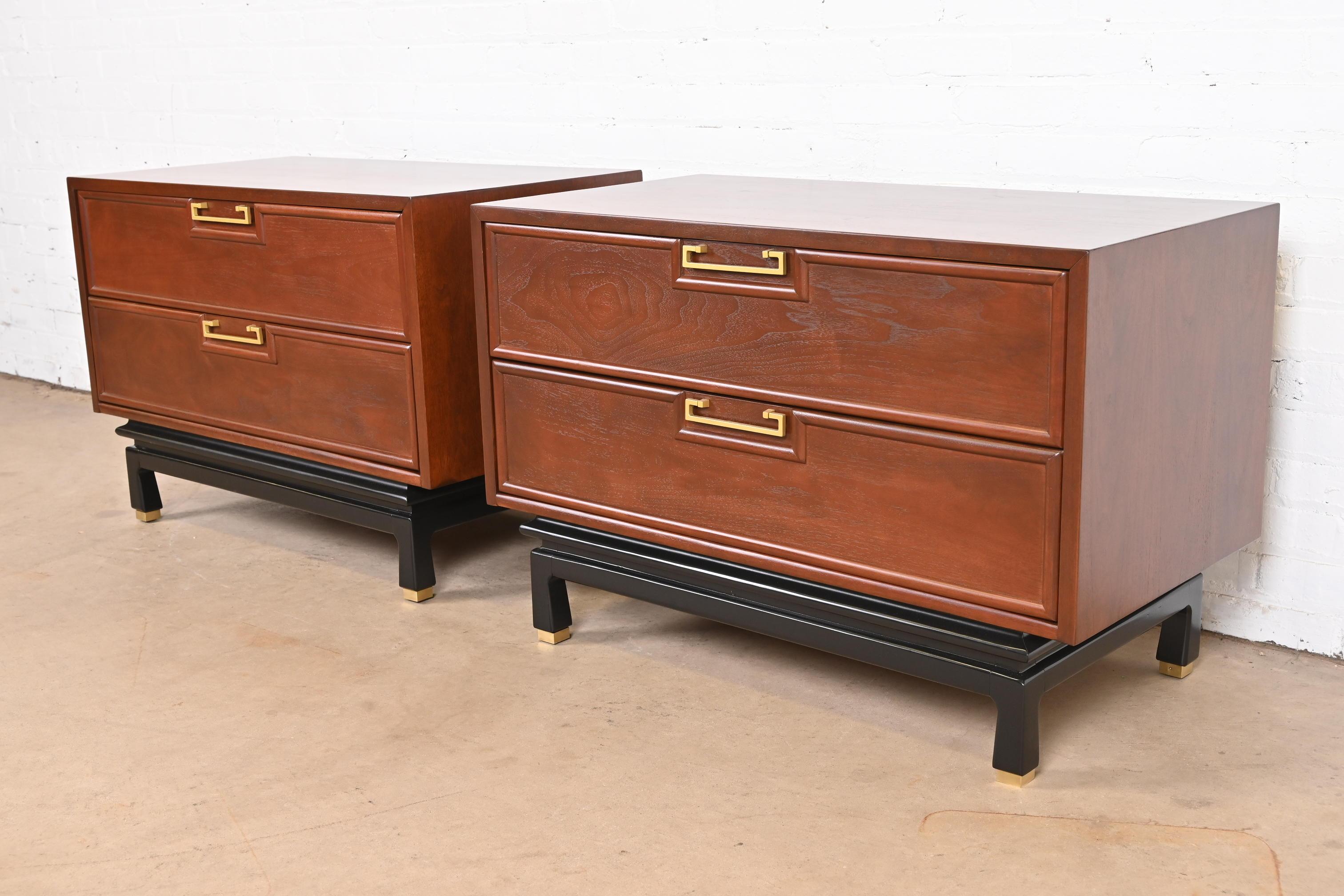 Mid-Century Modern Merton Gershun Hollywood Regency Chinoiserie Walnut Bedside Chests, Refinished