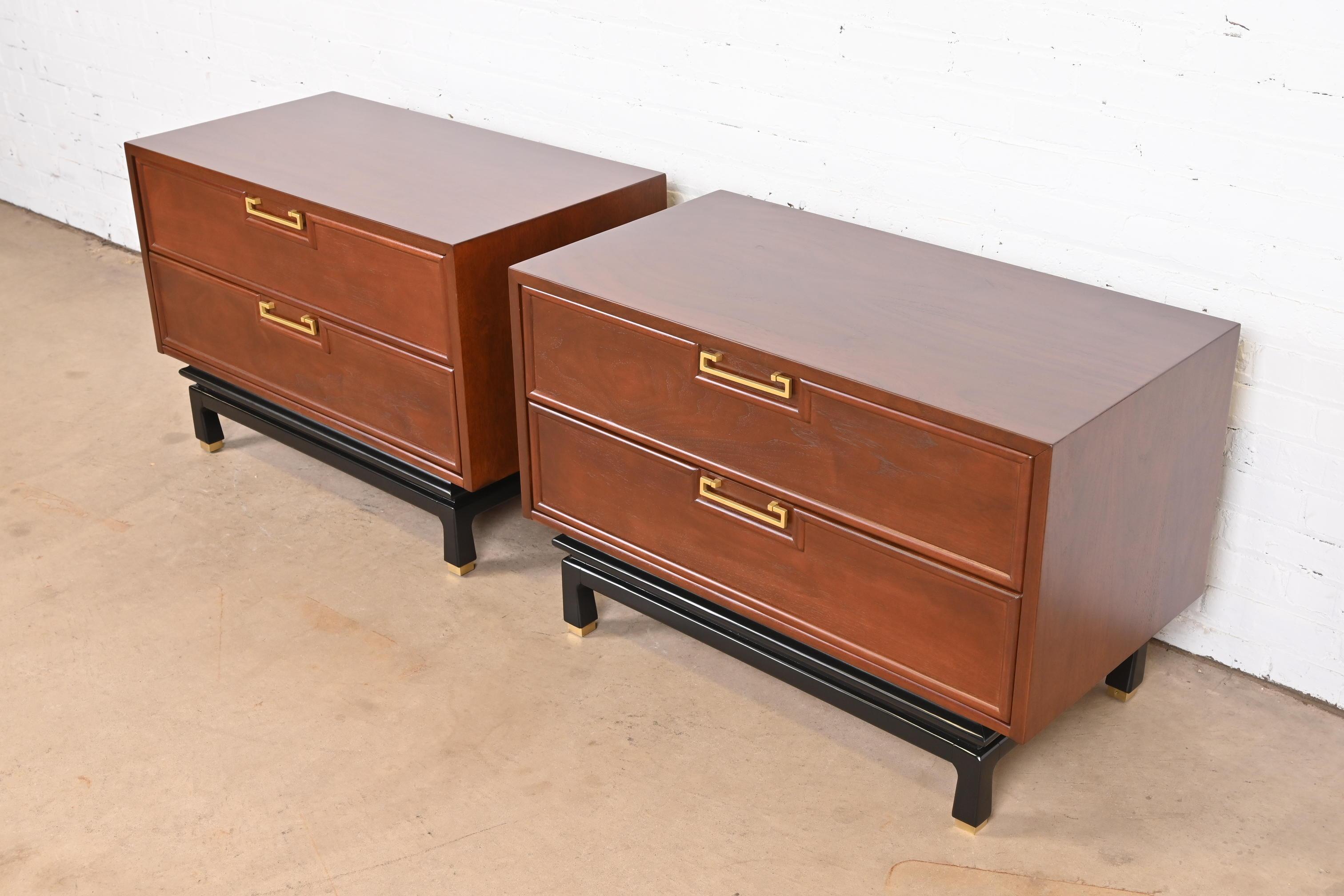 American Merton Gershun Hollywood Regency Chinoiserie Walnut Bedside Chests, Refinished
