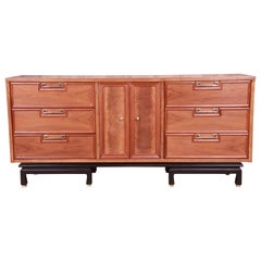 Merton Gershun Hollywood Regency Chinoiserie Walnut Triple Dresser, Refinished