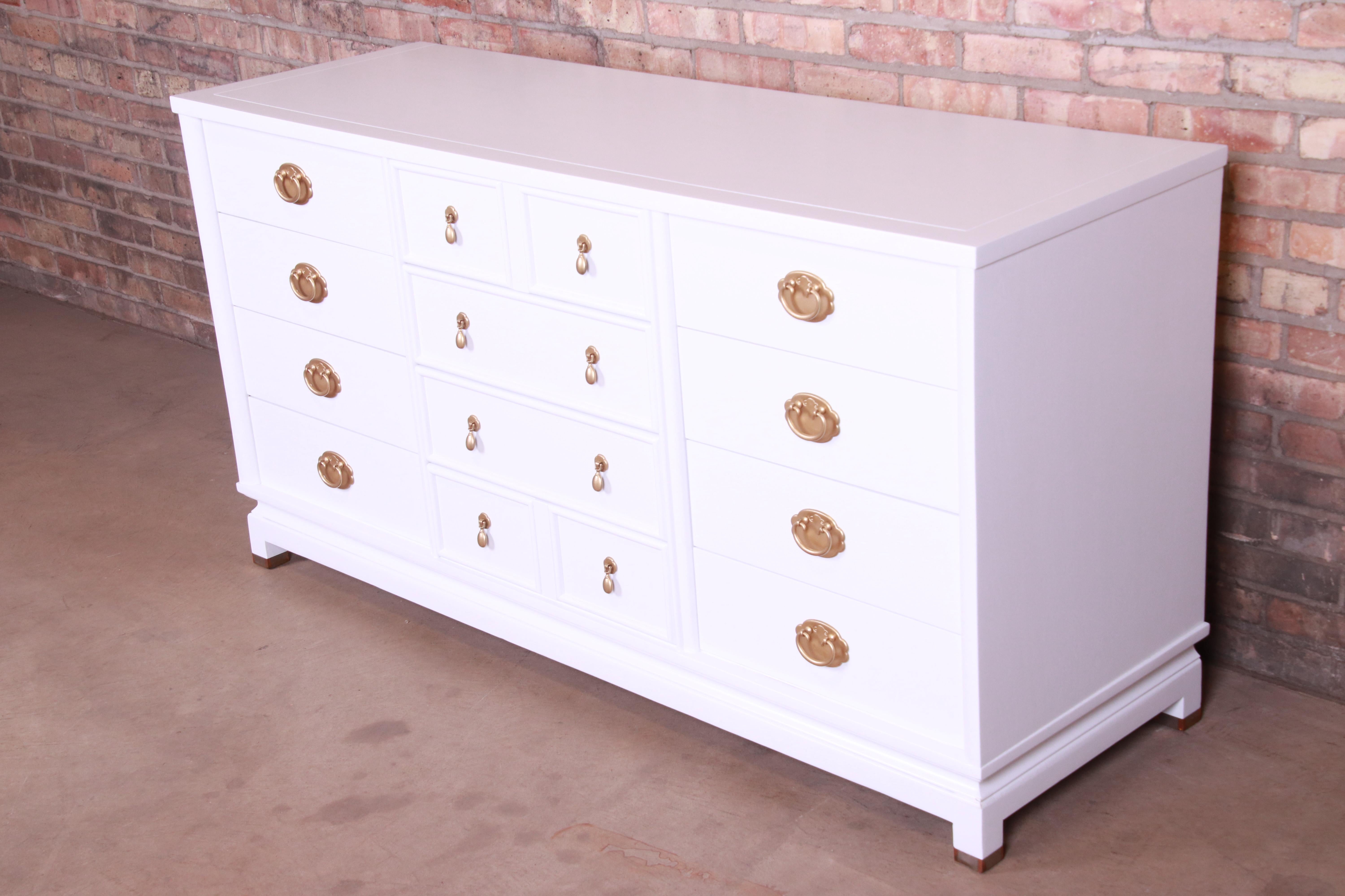 American Merton Gershun Hollywood Regency Chinoiserie White Lacquered Dresser, Refinished