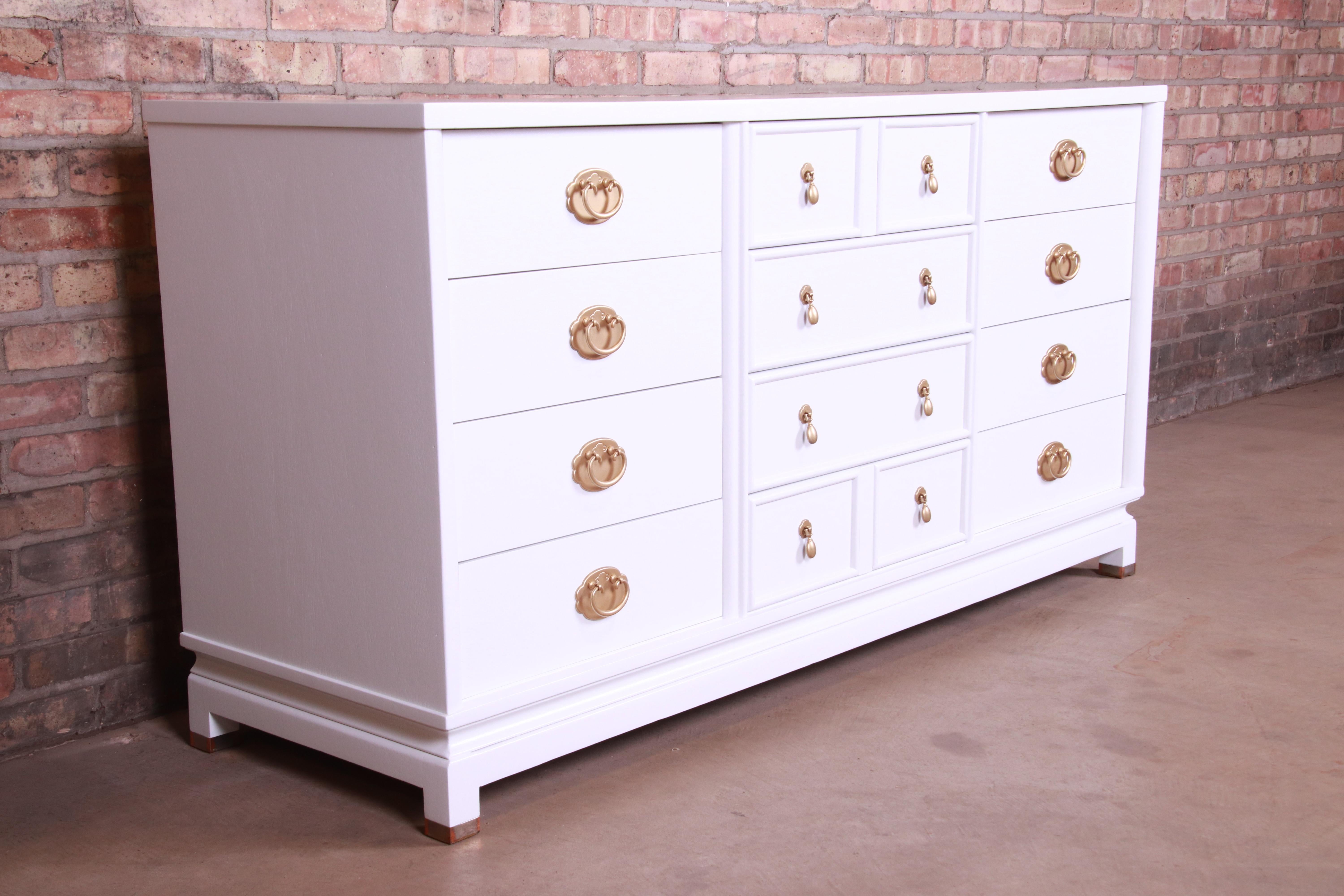 Mid-20th Century Merton Gershun Hollywood Regency Chinoiserie White Lacquered Dresser, Refinished