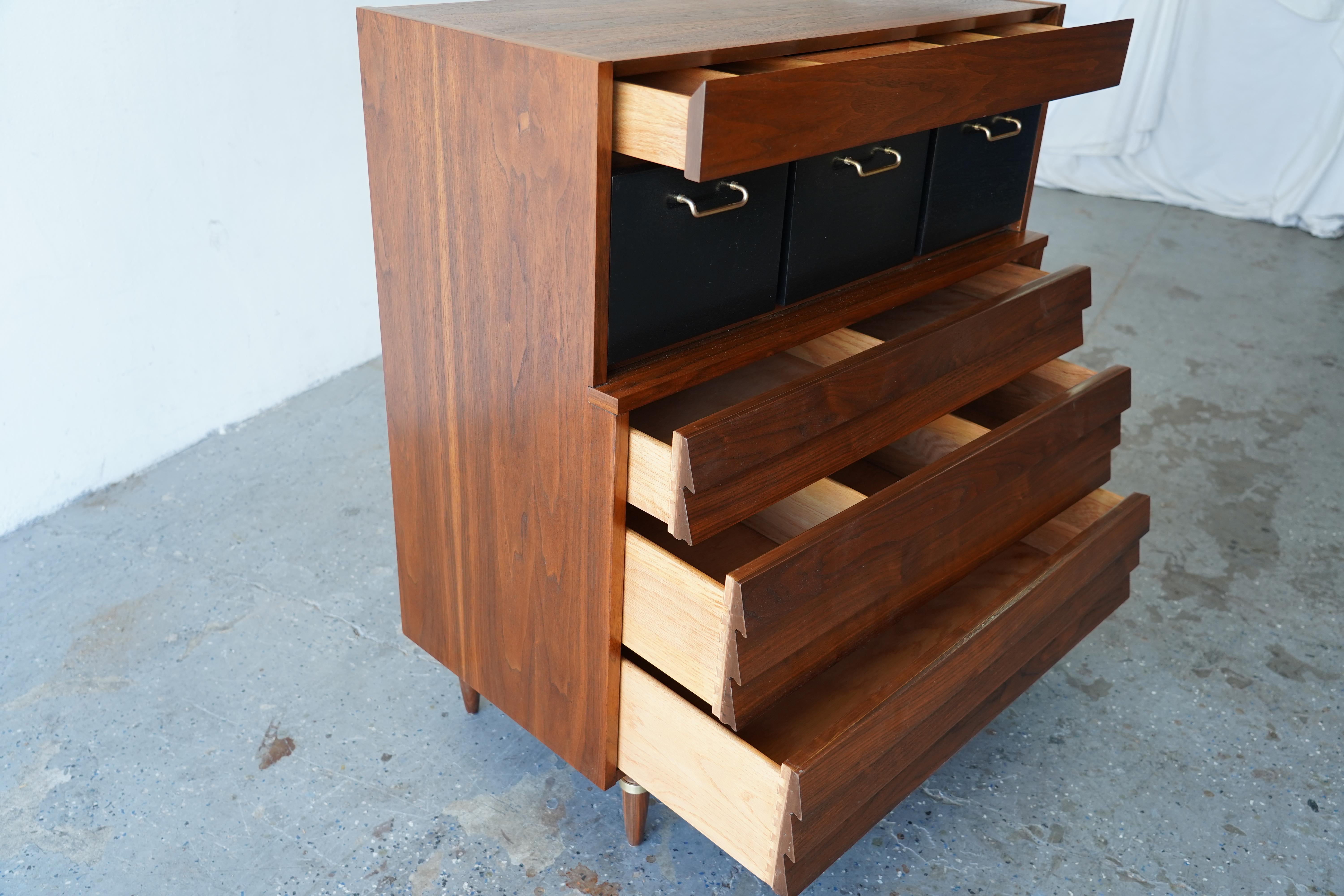 Brass Merton Gershun Mid Century American of Martinsville Dainia Walnut Tall dresser For Sale