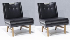 Merton Gershun Slipper Chairs in Faux Black Leather with Brass Pulls